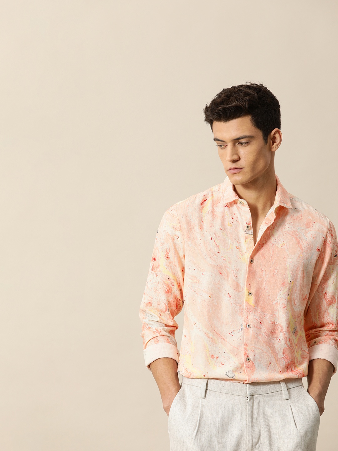 

Mr Bowerbird Men Cotton Hand Dyed Marbling Print Shirt, Peach