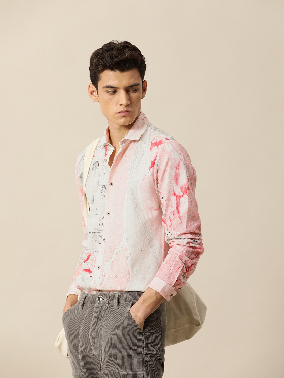 

Mr Bowerbird Men Cotton Hand Dyed Marbling Print Shirt, Peach