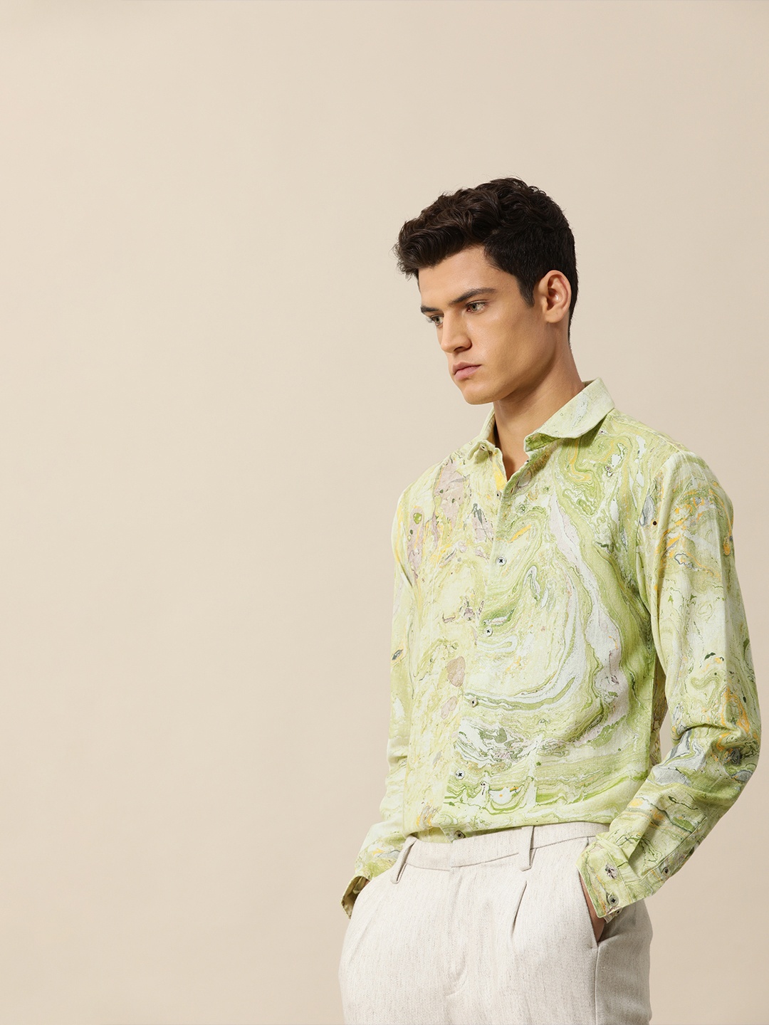

Mr Bowerbird Men Cotton Hand Dyed Marbling Print Shirt, Green