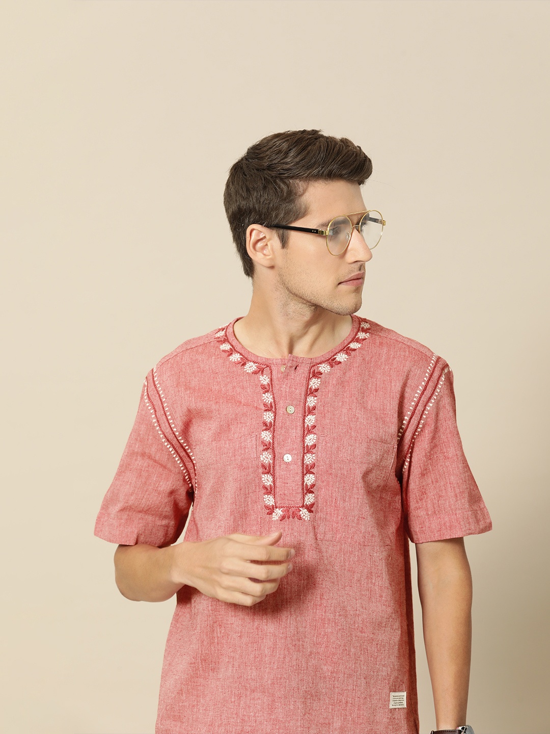 

Mr Bowerbird Men Pink Chikankari Solid Liberal Fit Pure Cotton Casual Shirt