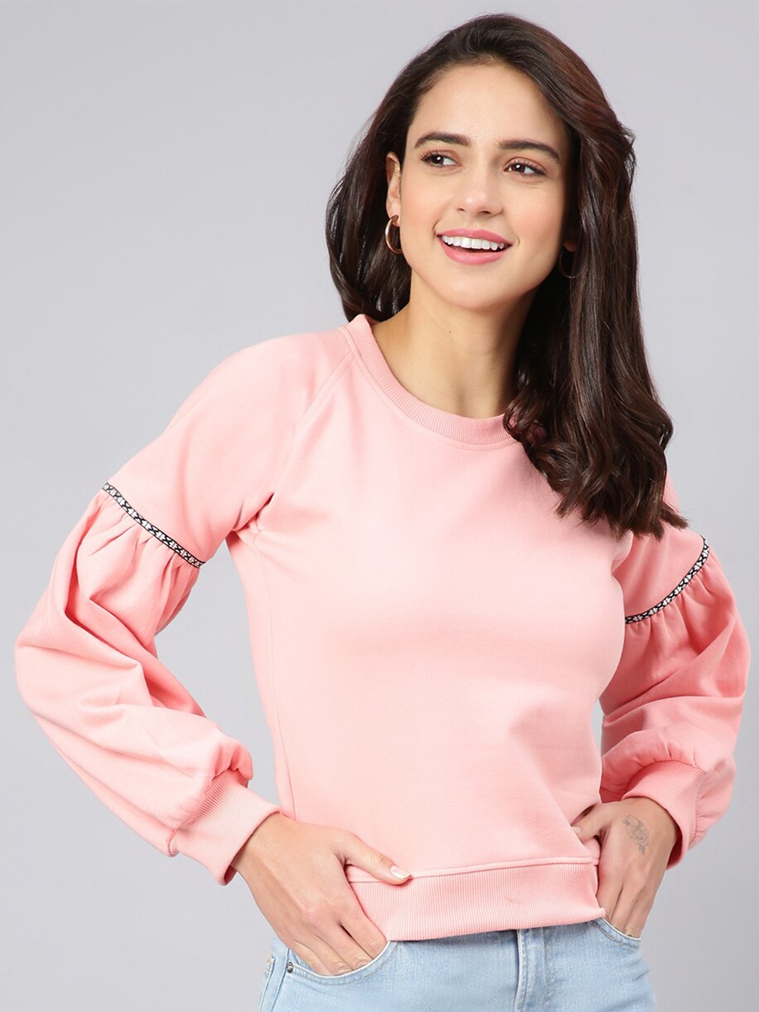 

House of Mool Women Pink Solid Cotton Sweatshirt