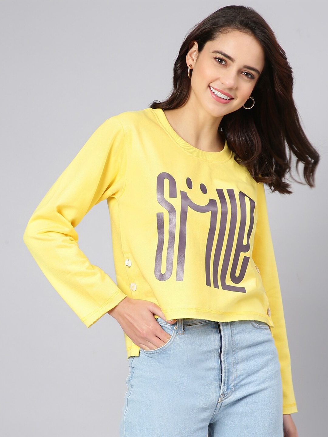 

House of Mool Women Yellow Printed Cotton Sweatshirt