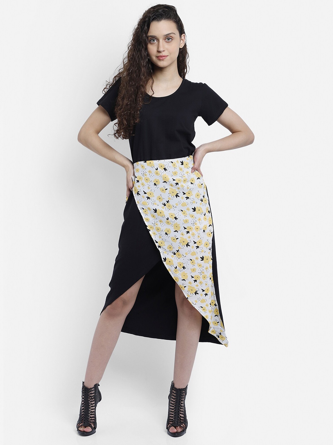 

MARZENI Black & Yellow Floral Wrap Dress