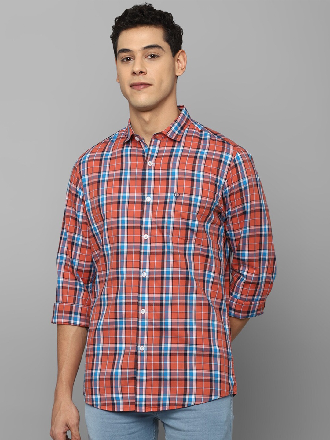

Allen Solly Men Peach-Coloured Slim Fit Tartan Checked Pure Cotton Casual Shirt