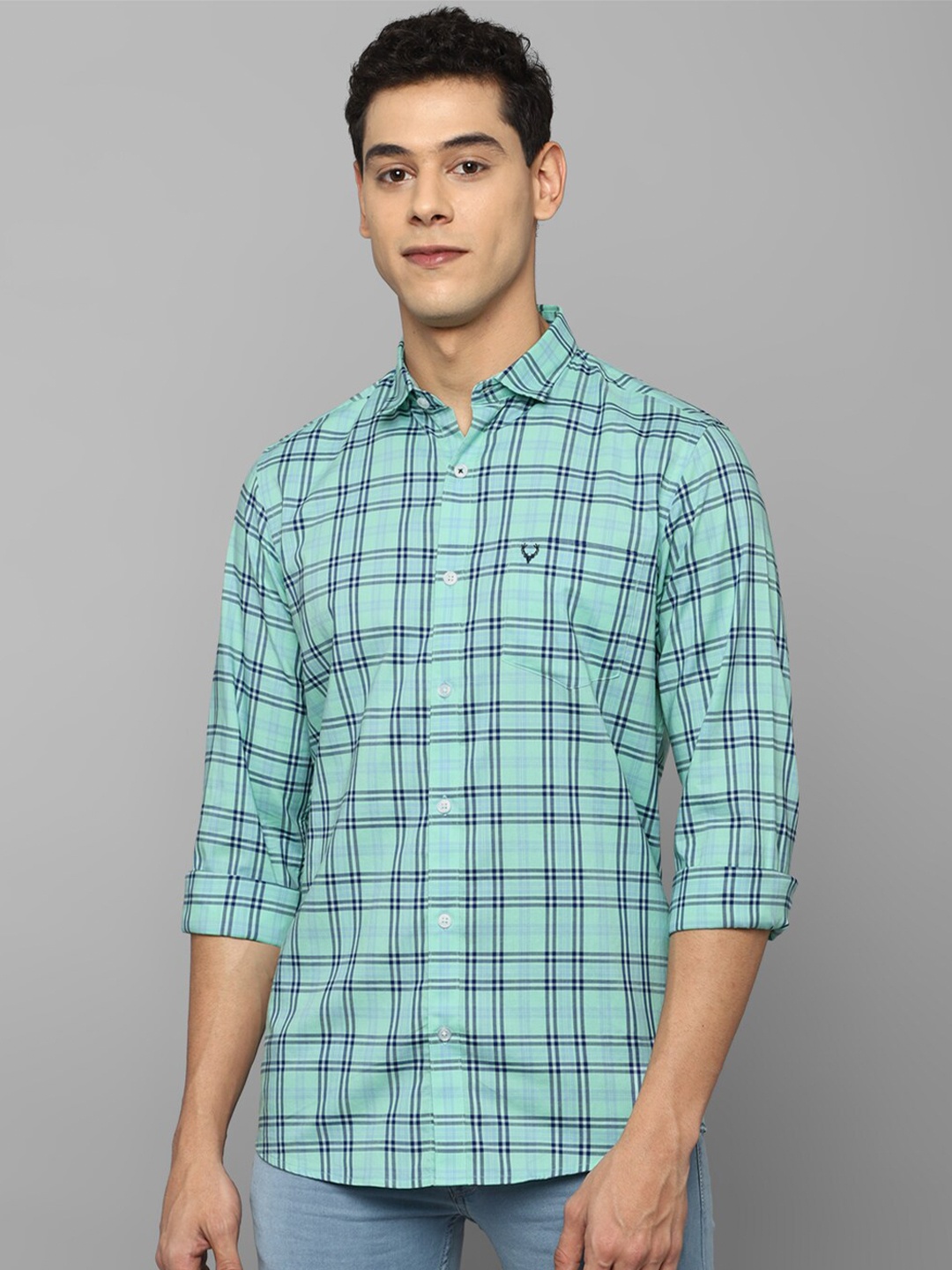 

Allen Solly Men Sea Green Slim Fit Tartan Checked Pure Cotton Casual Shirt 100% Cotton