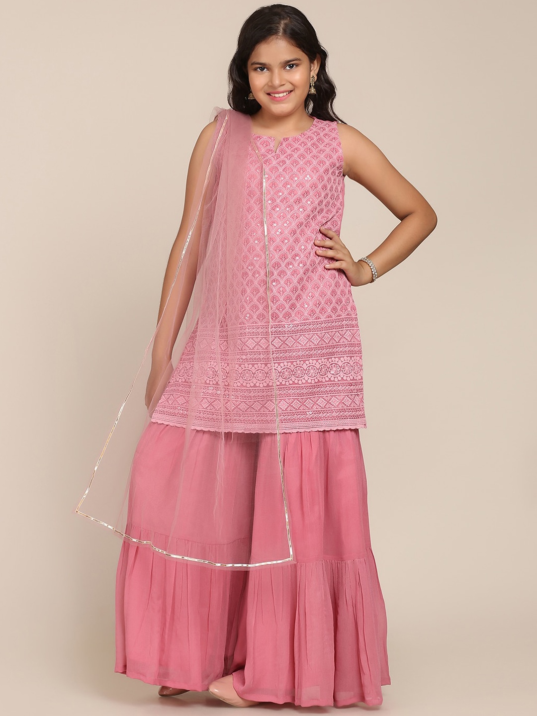 

Bitiya by Bhama Girls Pink Embroidered Kurta with Sharara & With Dupatta