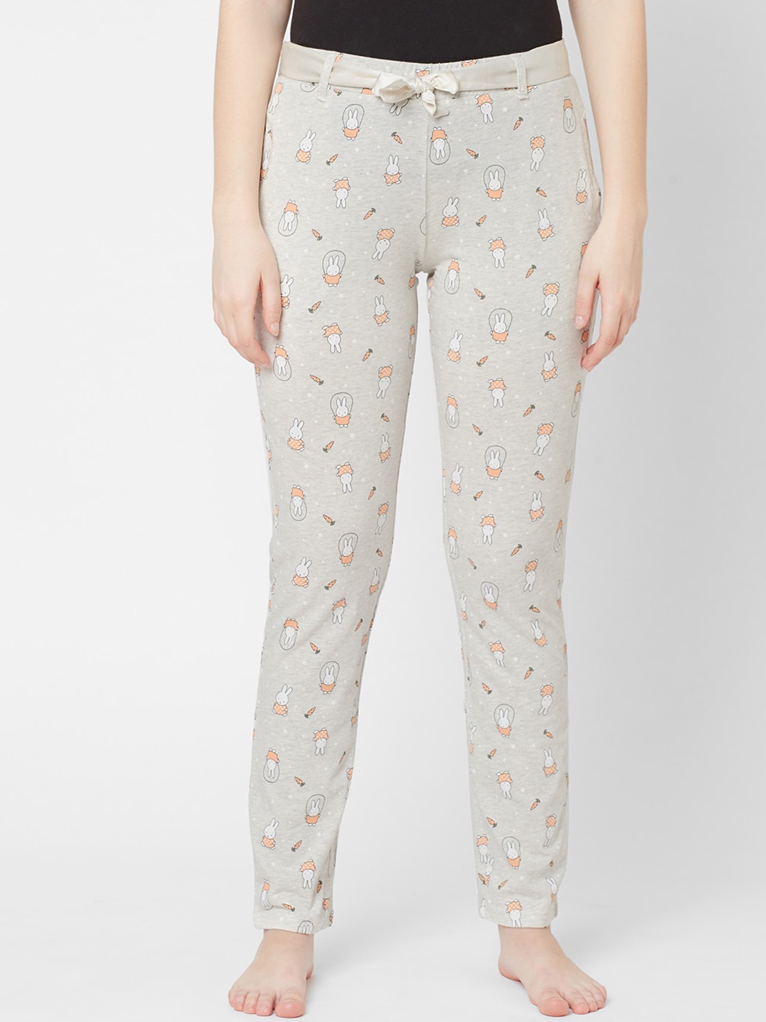 Sweet Dreams Women Grey Melange Printed Cotton Lounge Pants
