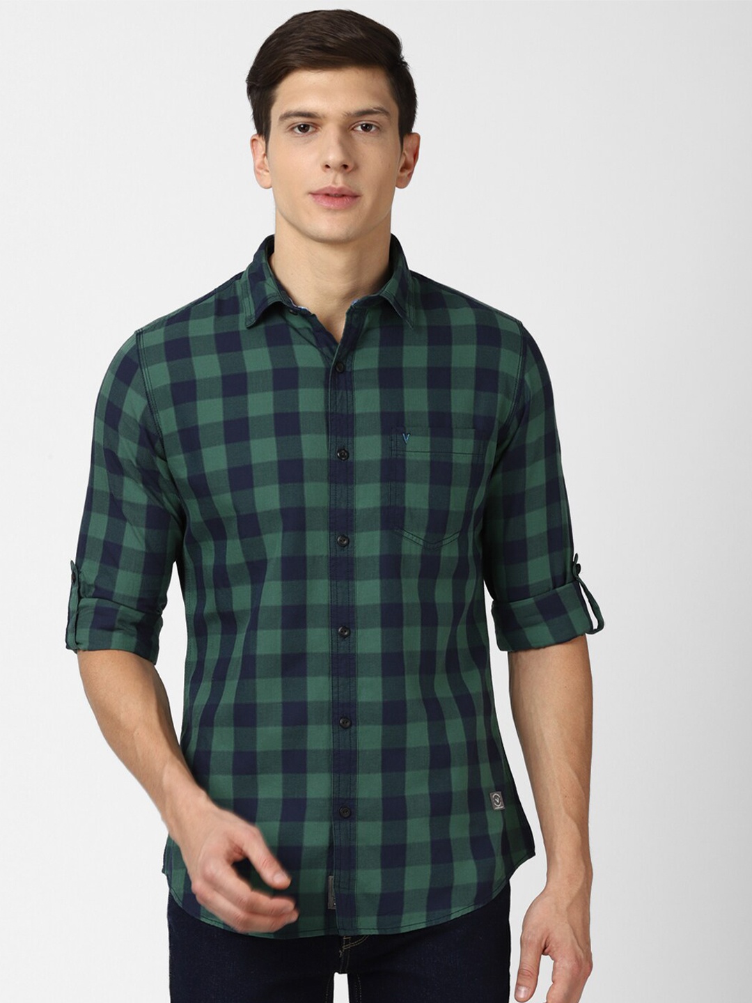 

VAN HEUSEN DENIM LABS Men Green Slim Fit Buffalo Checked Cotton Casual Shirt