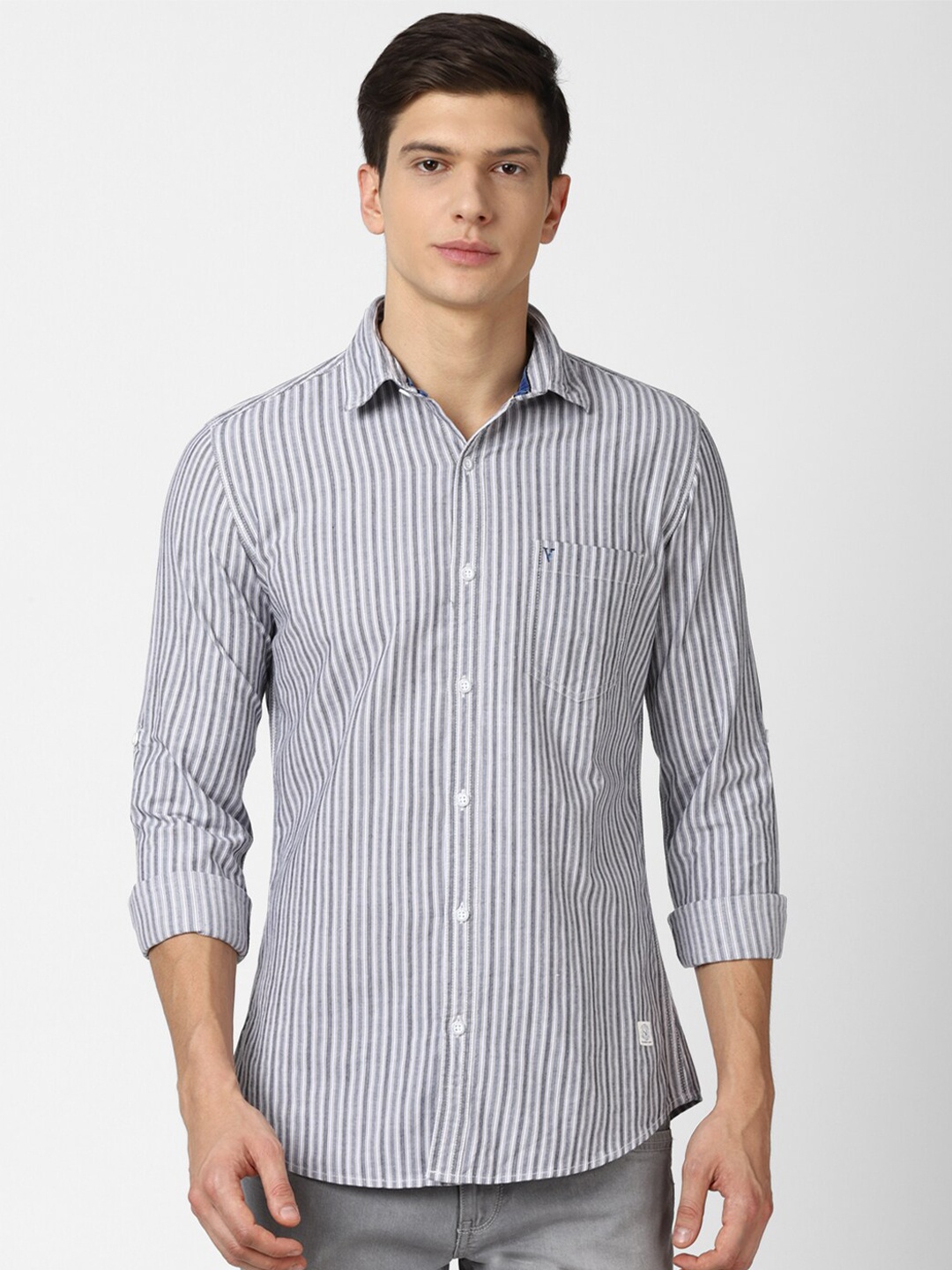

VAN HEUSEN DENIM LABS Men Grey Slim Fit Striped Cotton Casual Shirt