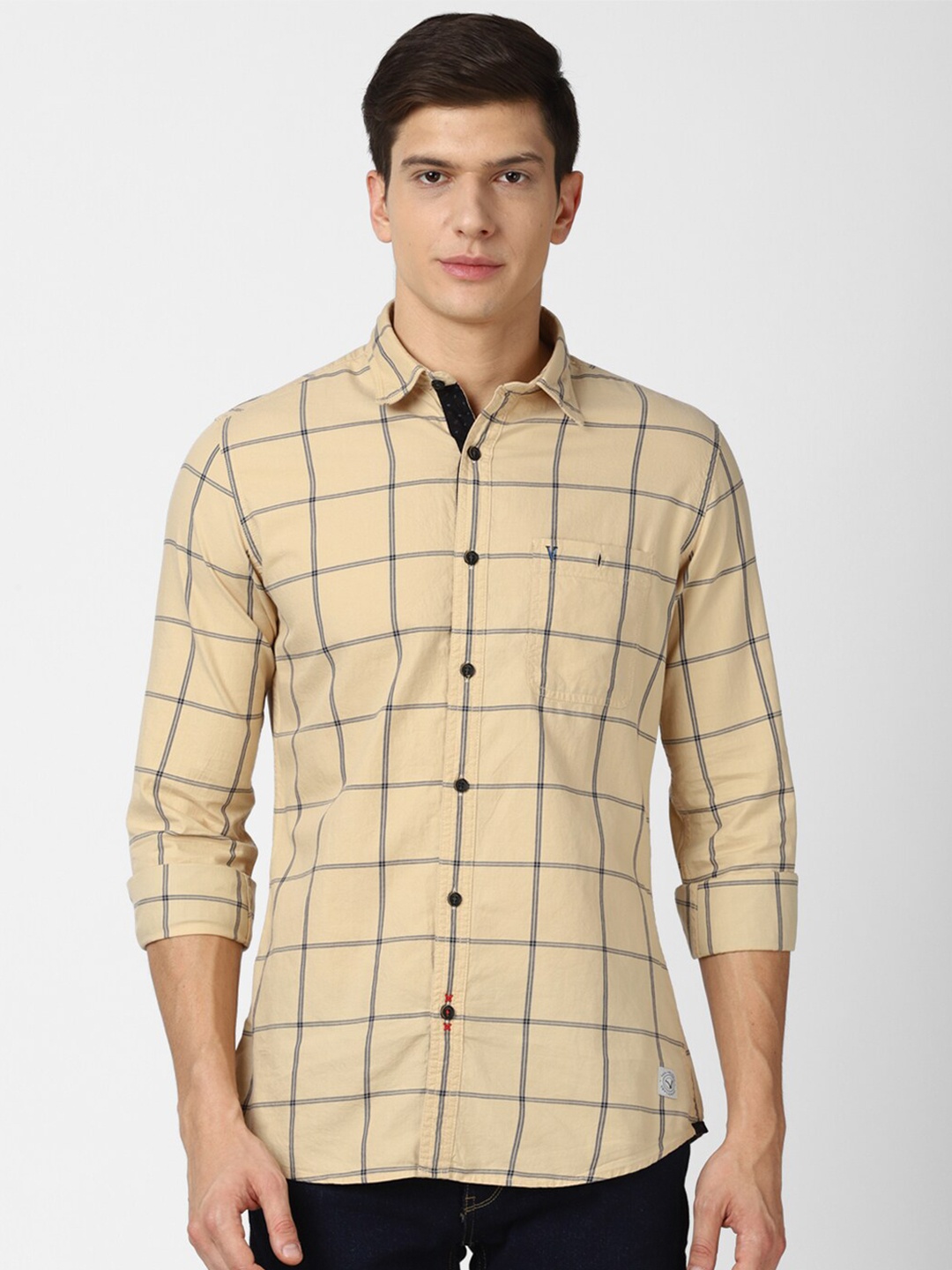 

VAN HEUSEN DENIM LABS Men Khaki Slim Fit Windowpane Checked Casual Shirt