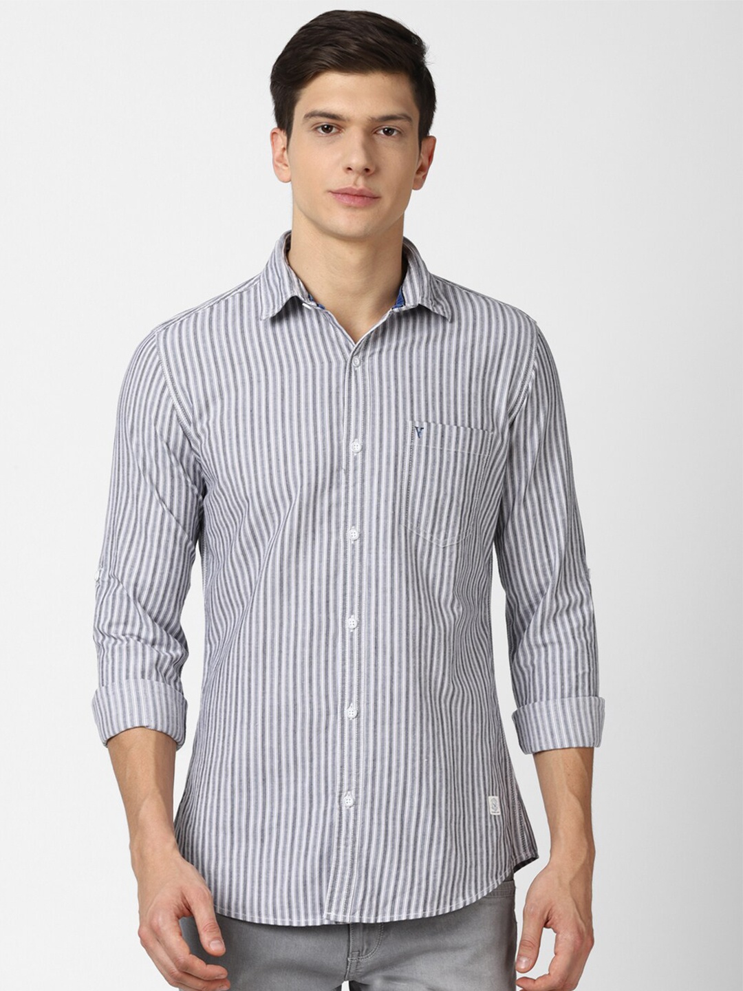 

VAN HEUSEN DENIM LABS Men Grey Slim Fit Striped Cotton Casual Shirt