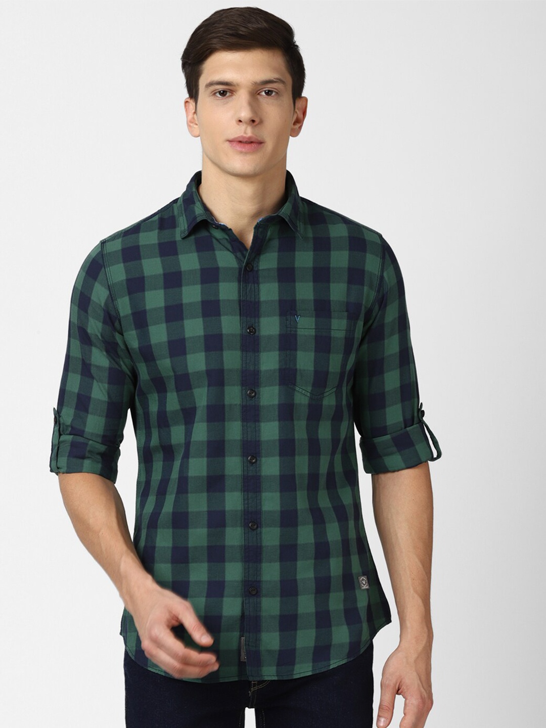 

VAN HEUSEN DENIM LABS Men Green Slim Fit Buffalo Checks Checked Casual Shirt