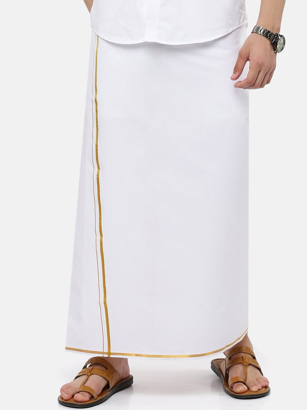 

Ramraj Men Golden & White Solid Pure Cotton Dhoti