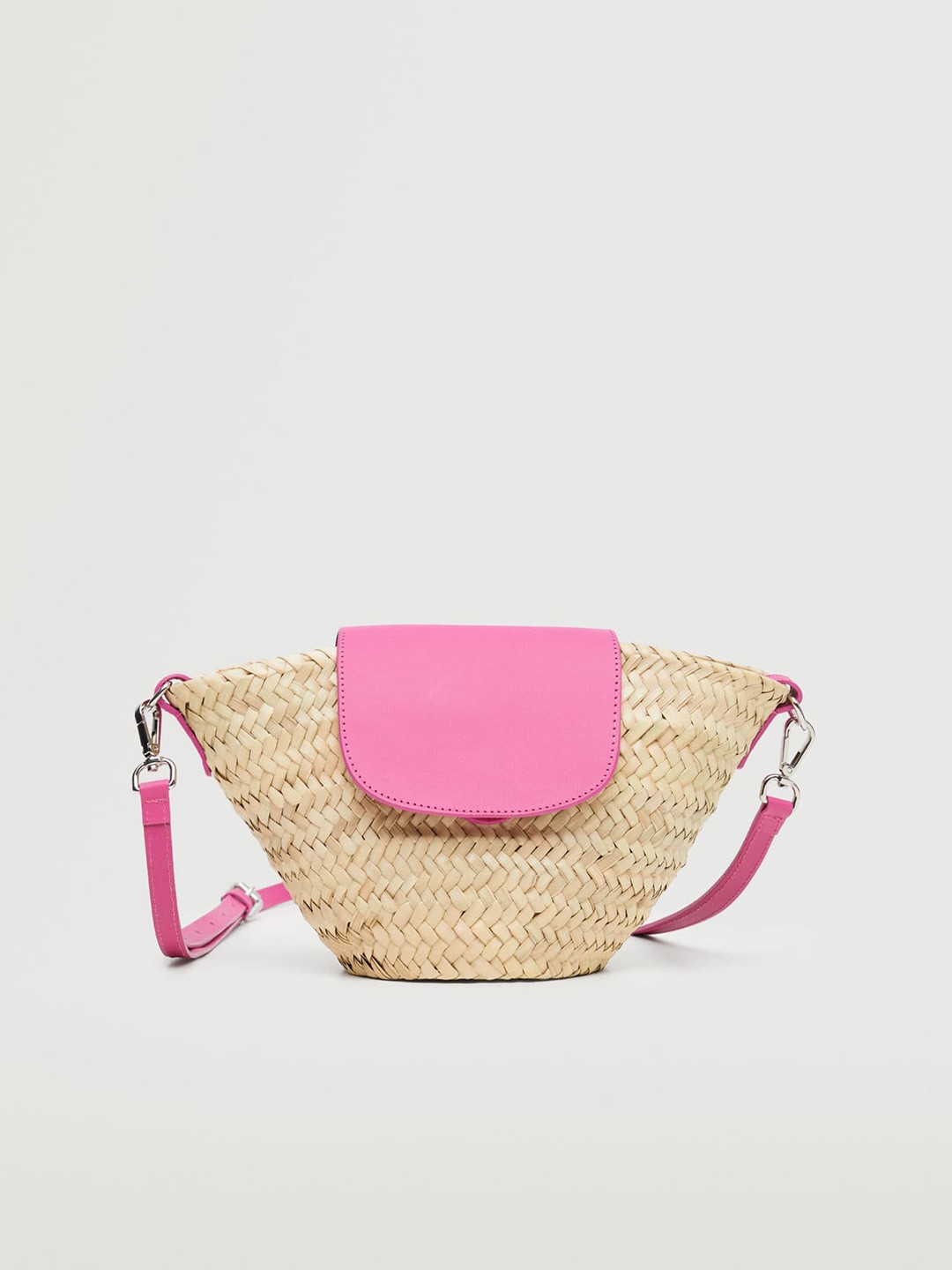 

MANGO Women Cream-Coloured & Pink Basket Weave Textured Sling Bag