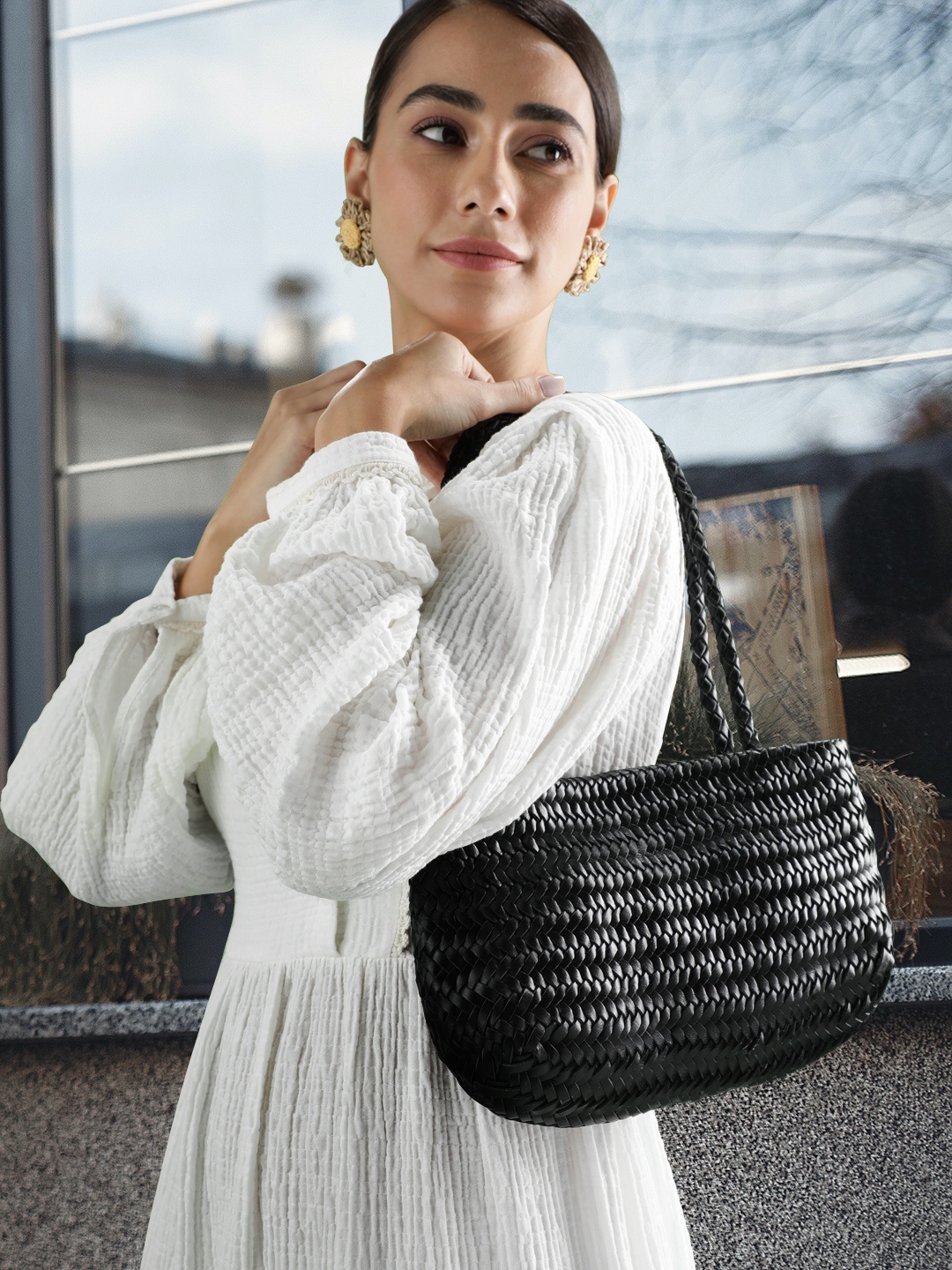 

MANGO Black Leather Woven Design Shoulder Bag