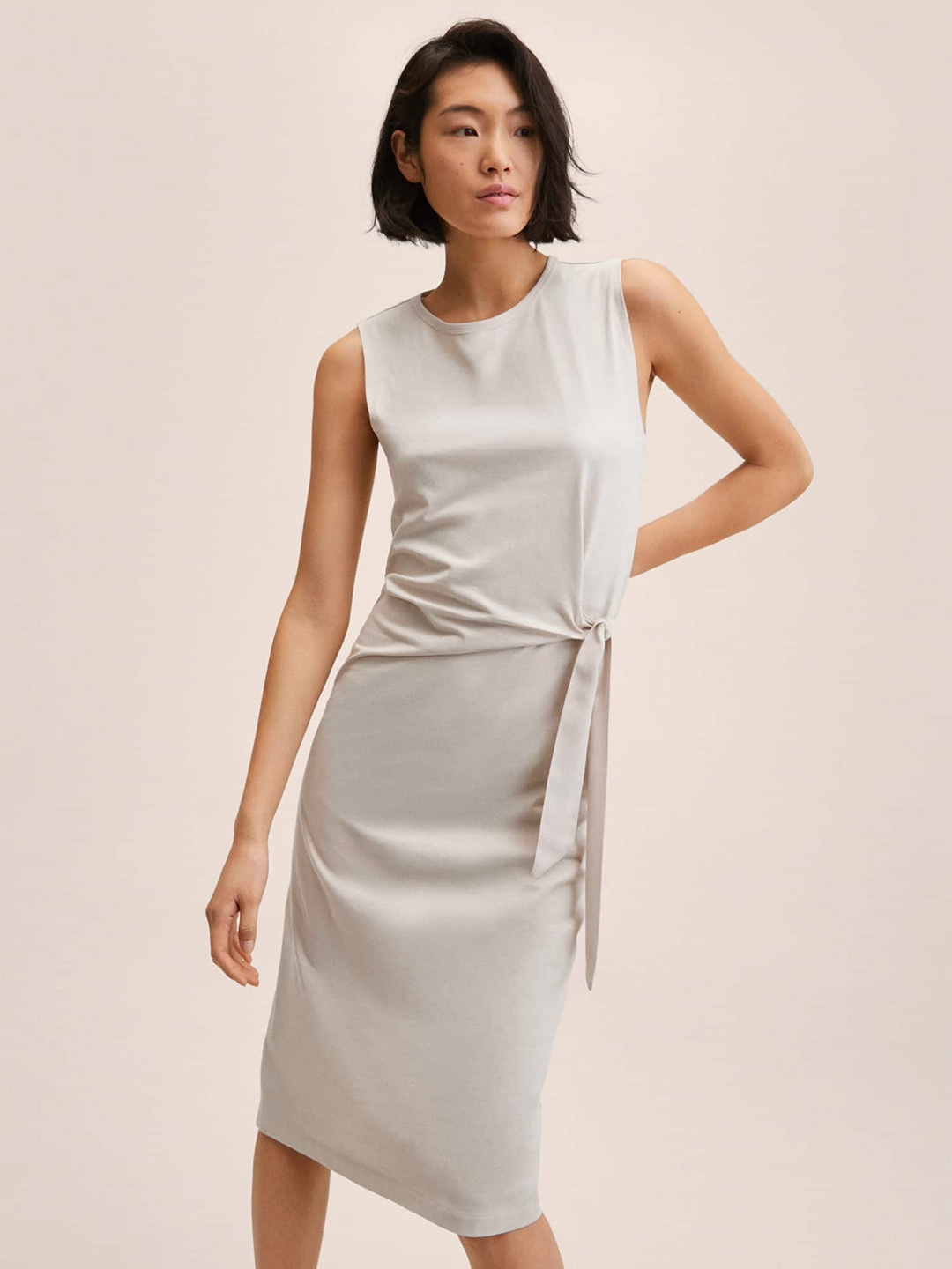 

MANGO Light Grey Solid Sheath Dress With Tie-Up Detail