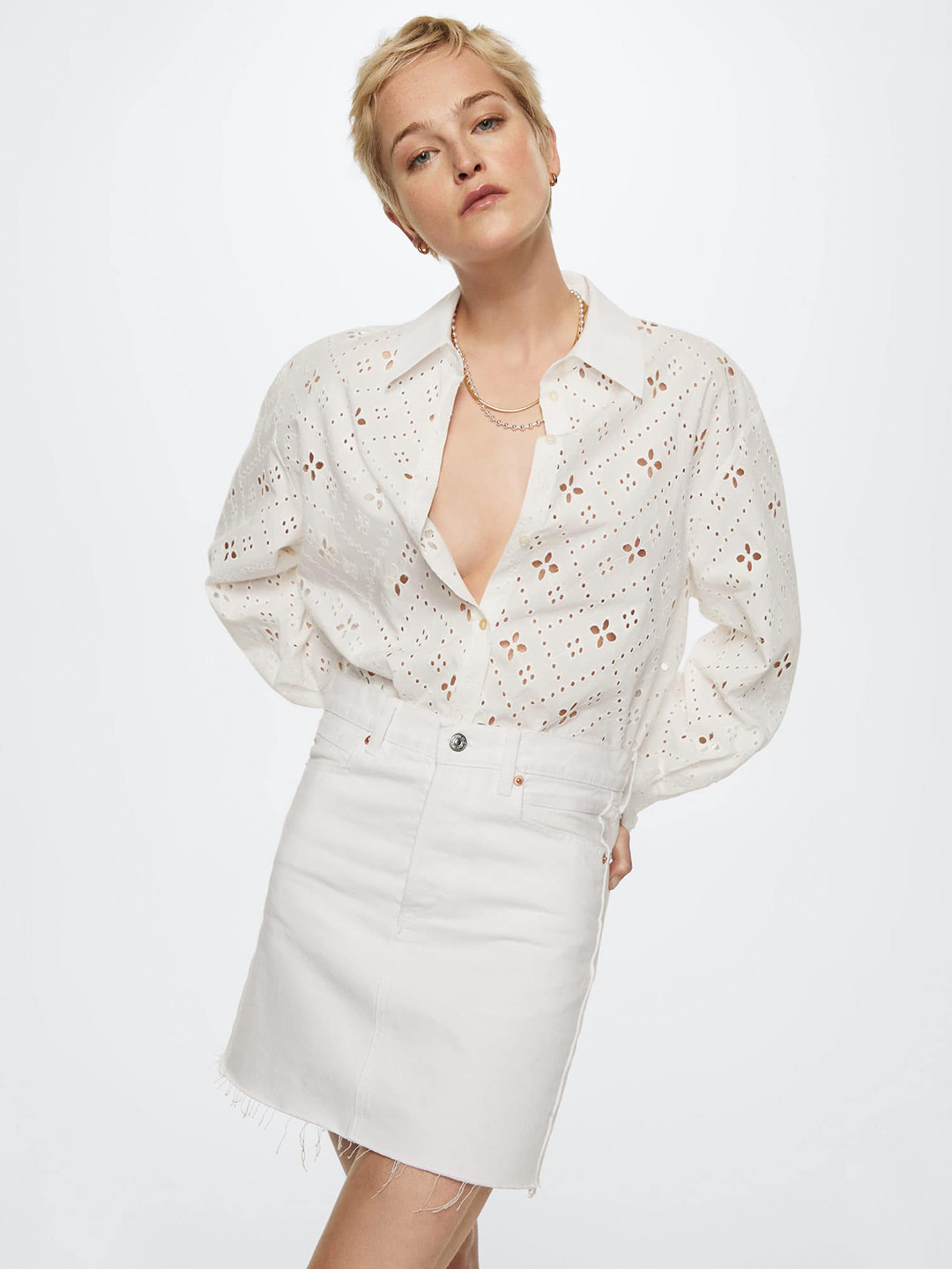 

MANGO Women White Pure Cotton Schiffli Embroidered Casual Shirt