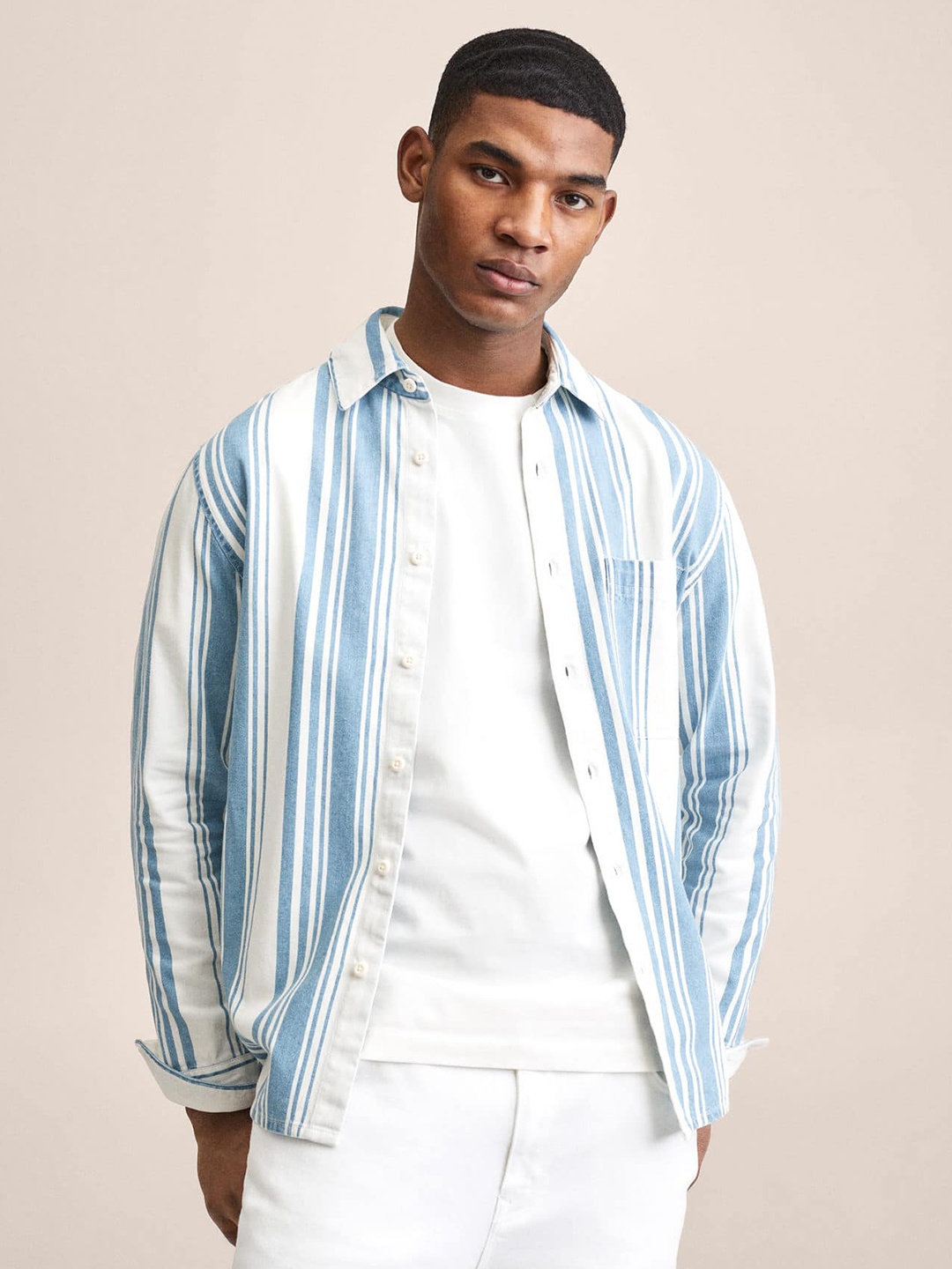 

MANGO MAN White Striped Pure Cotton Casual Shirt