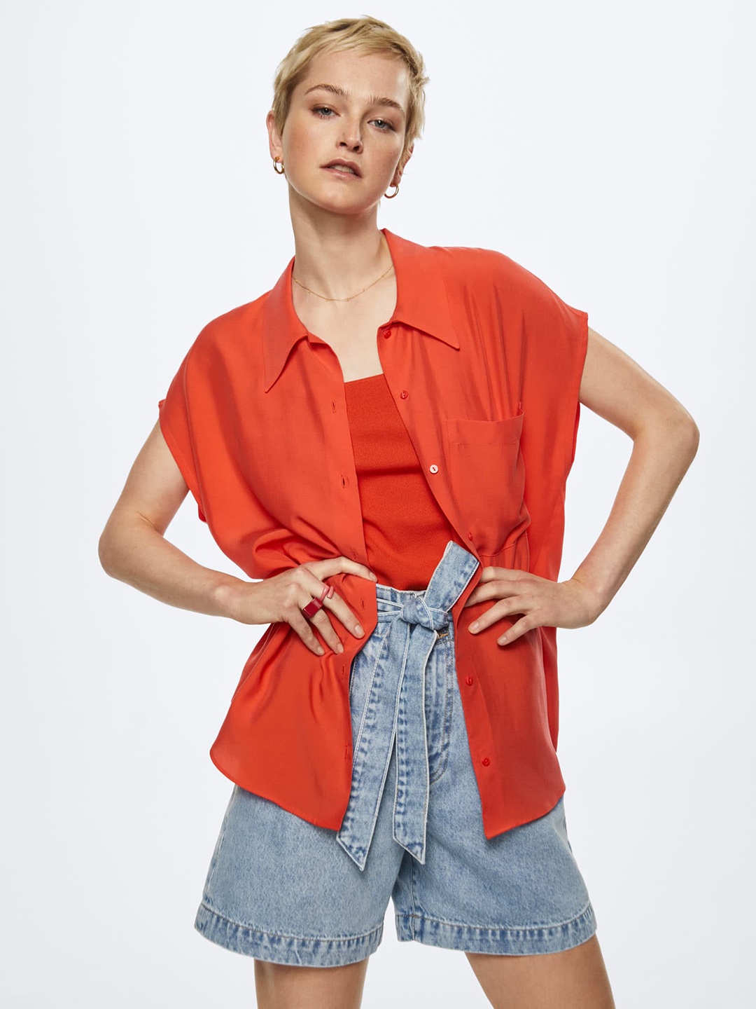 

MANGO Women Orange Solid Casual Oversized Shirt with Extended Sleeves