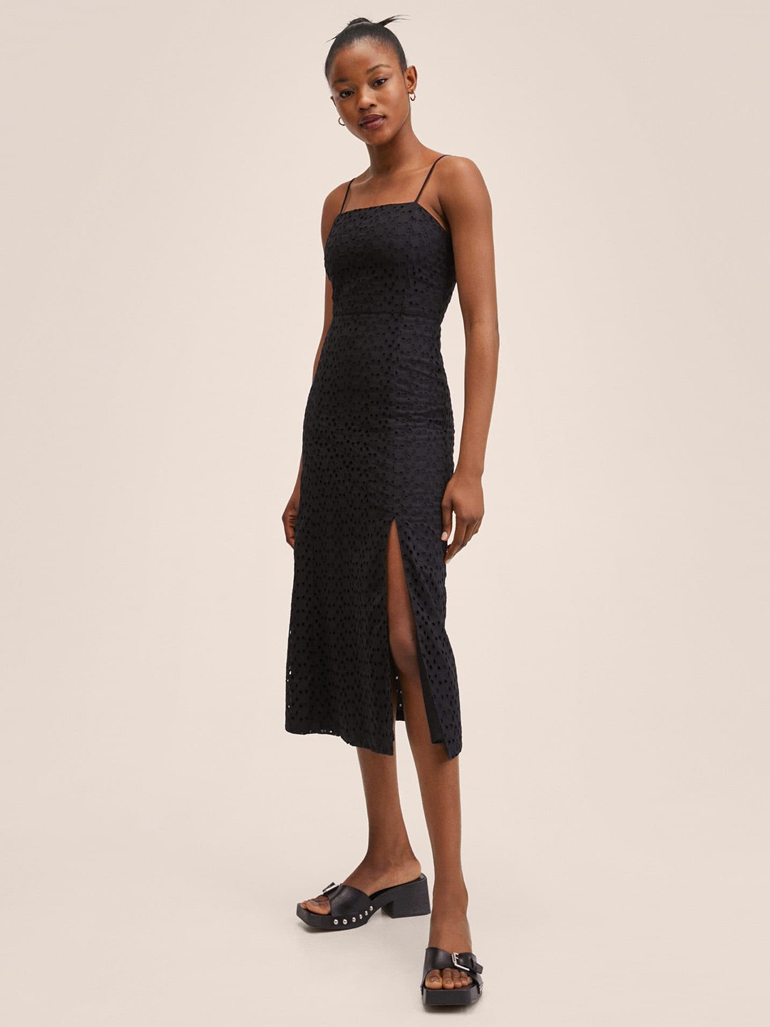 

MANGO Black Schiffli Embroidered Pure Cotton Front Slit A-Line Midi Dress