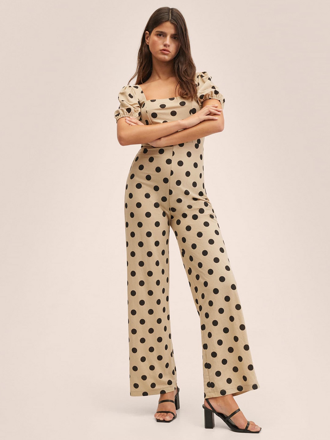 

MANGO Beige & Black Printed Basic Jumpsuit