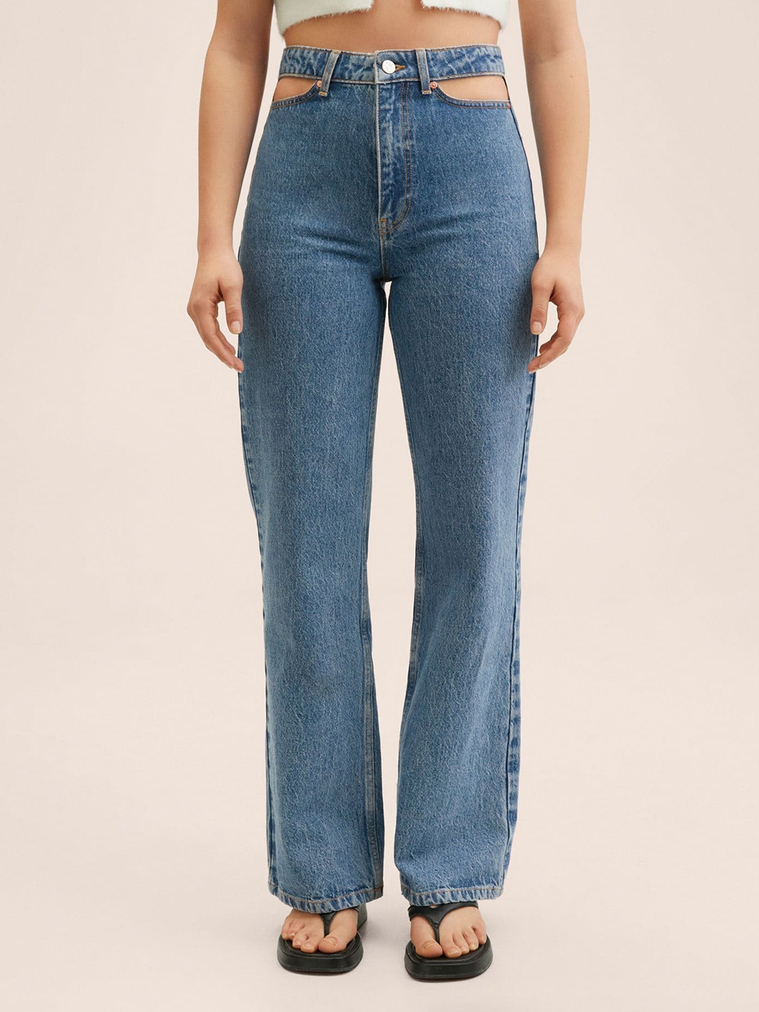 

MANGO Women Blue Wide Leg High-Rise Cut Out Detail Jeans