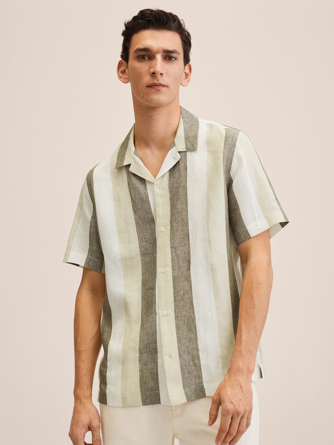 

MANGO MAN Men Beige & Olive Green Pure Linen Striped Casual Shirt