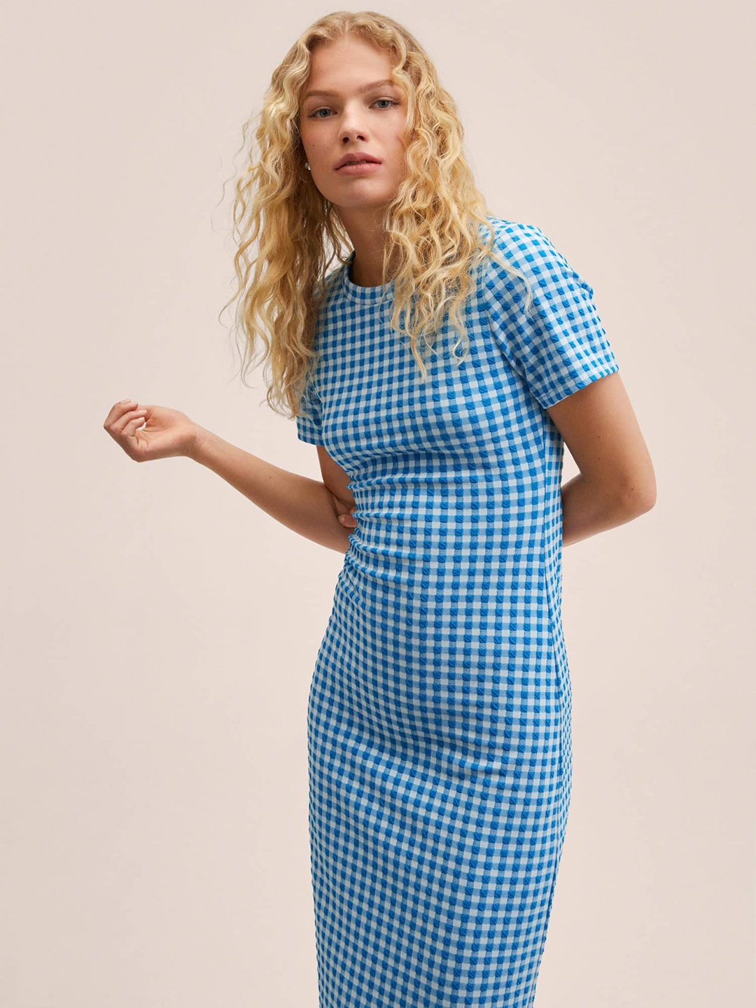 

MANGO Blue & White Gingham Checked Sheath Midi Dress