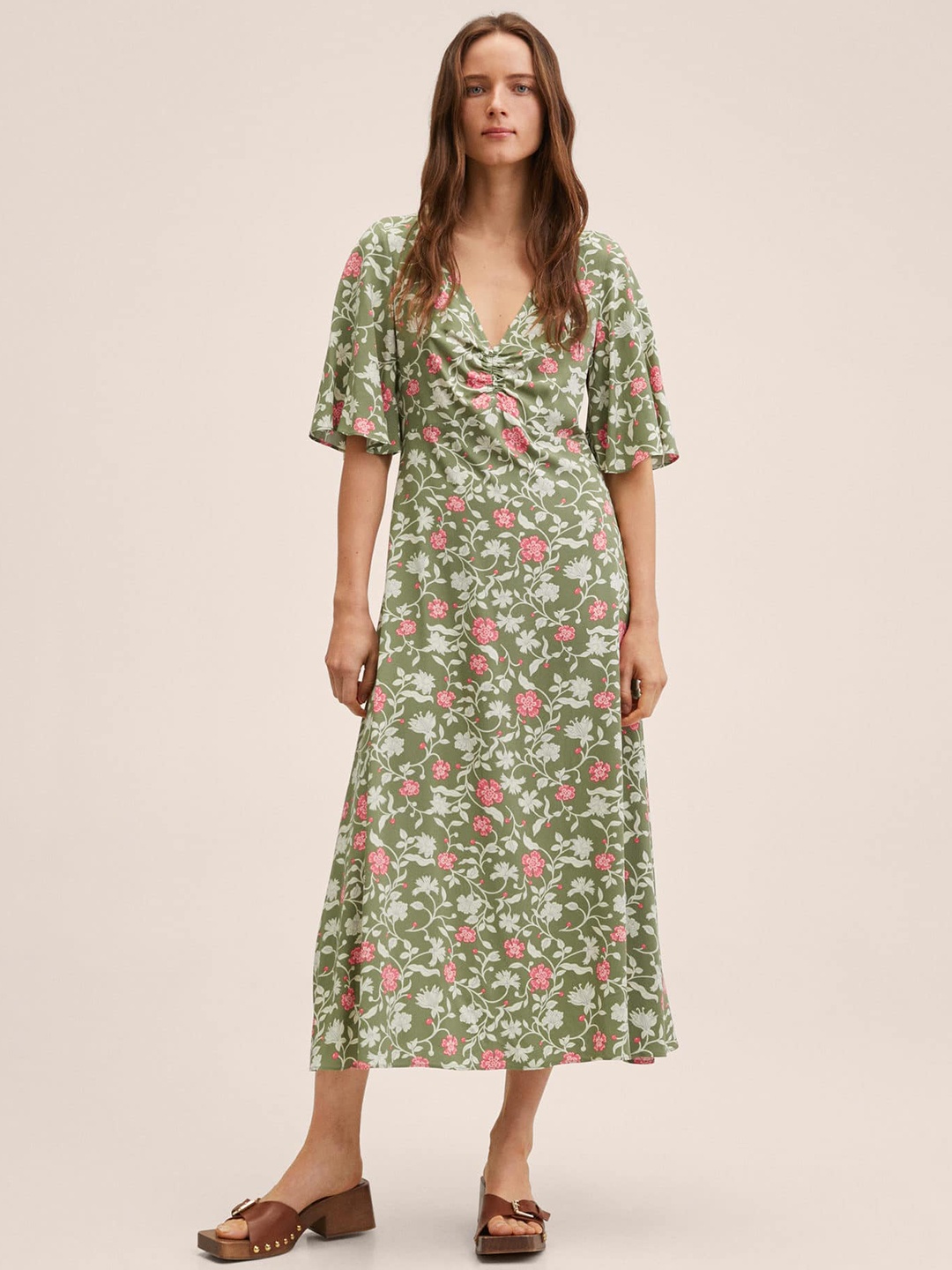 

MANGO Olive Green & Off White Floral A-Line Midi Dress