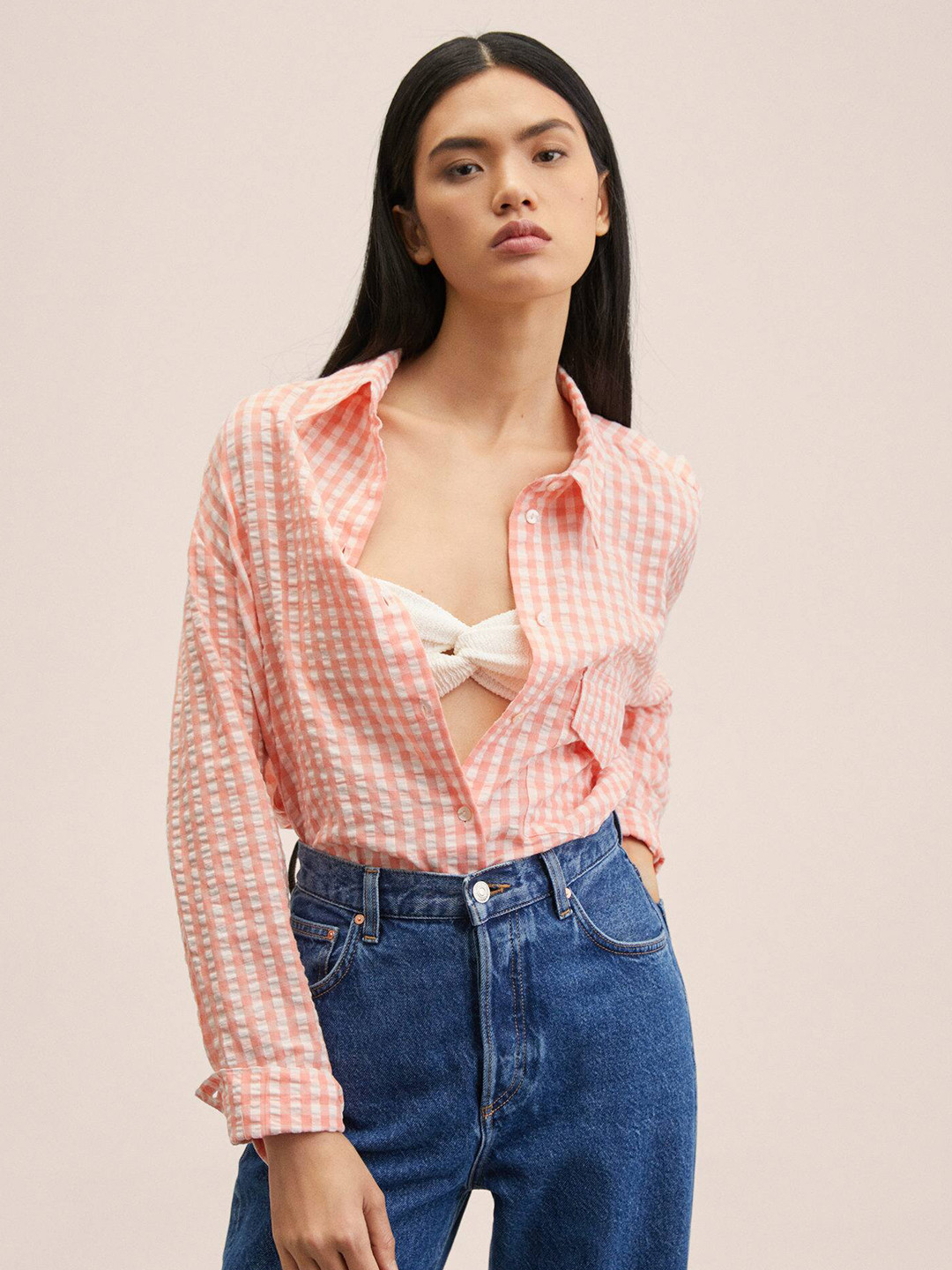 

MANGO Women Pink & White Pure Cotton Checked Casual Shirt
