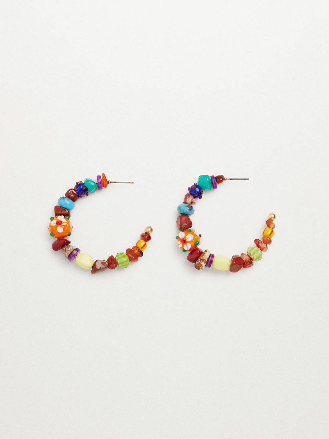 

MANGO Multicoloured Stone Studded & Beaded Crescent Shaped Half Hoop Earrings, Multi