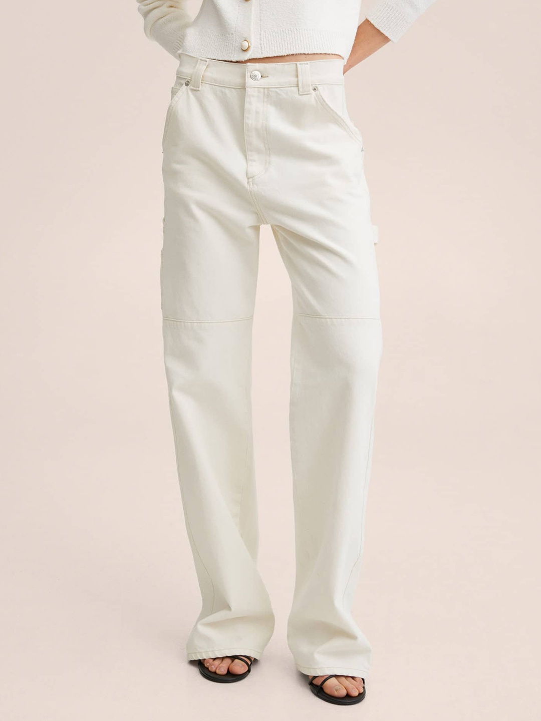 

MANGO Women White Straight Fit High-Rise Pocket Cargo Jeans