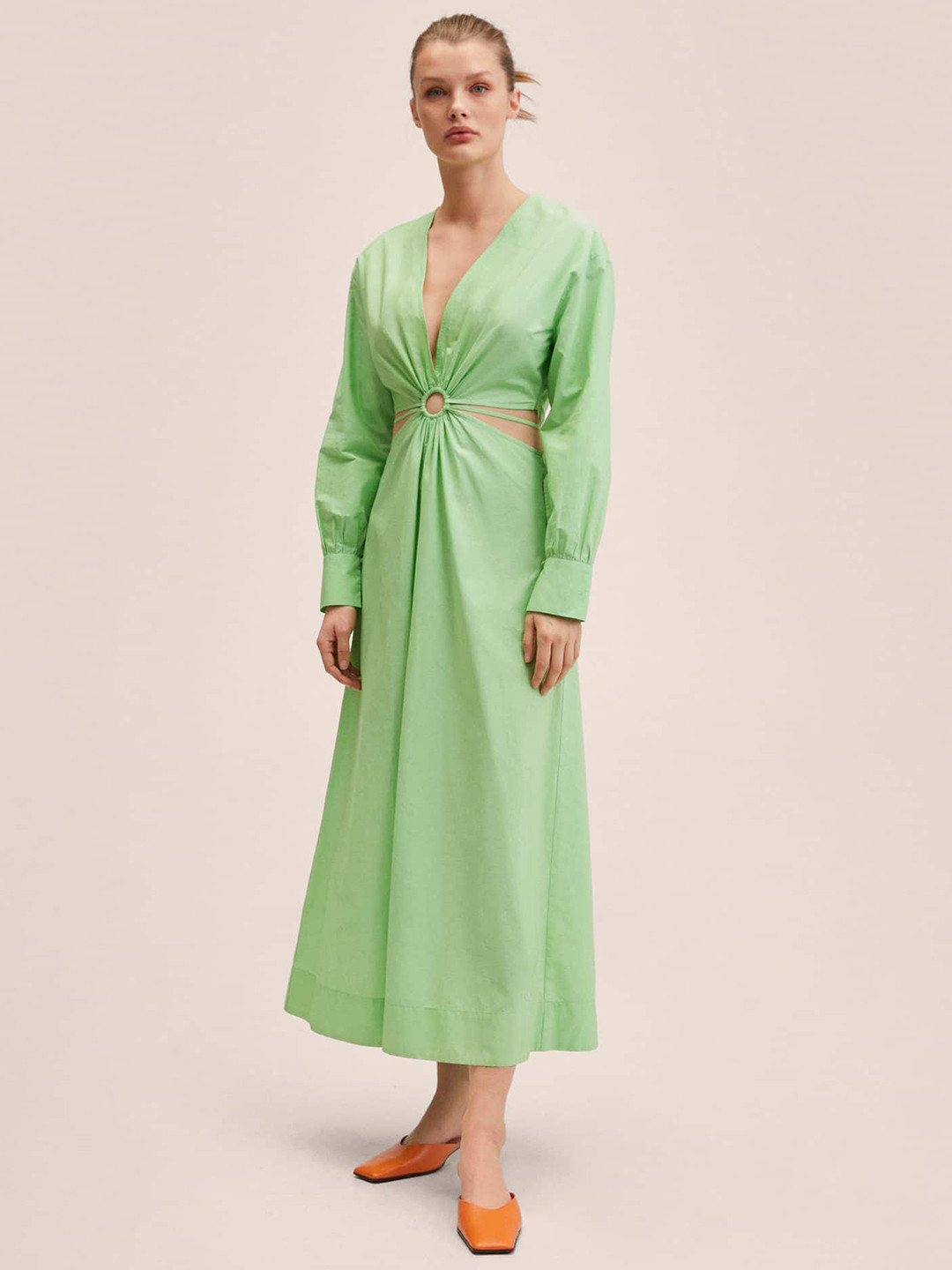

MANGO Women Green Solid Pure Cotton A-Line Midi Dress