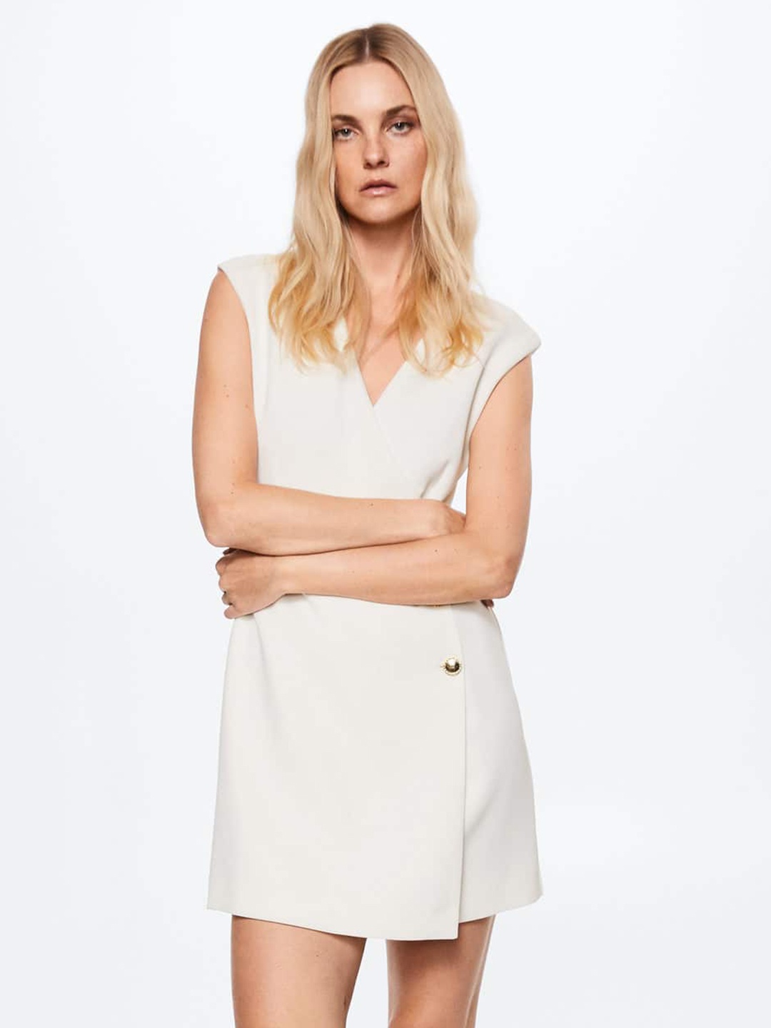 

MANGO Women Solid Cream-Coloured Wrap Dress