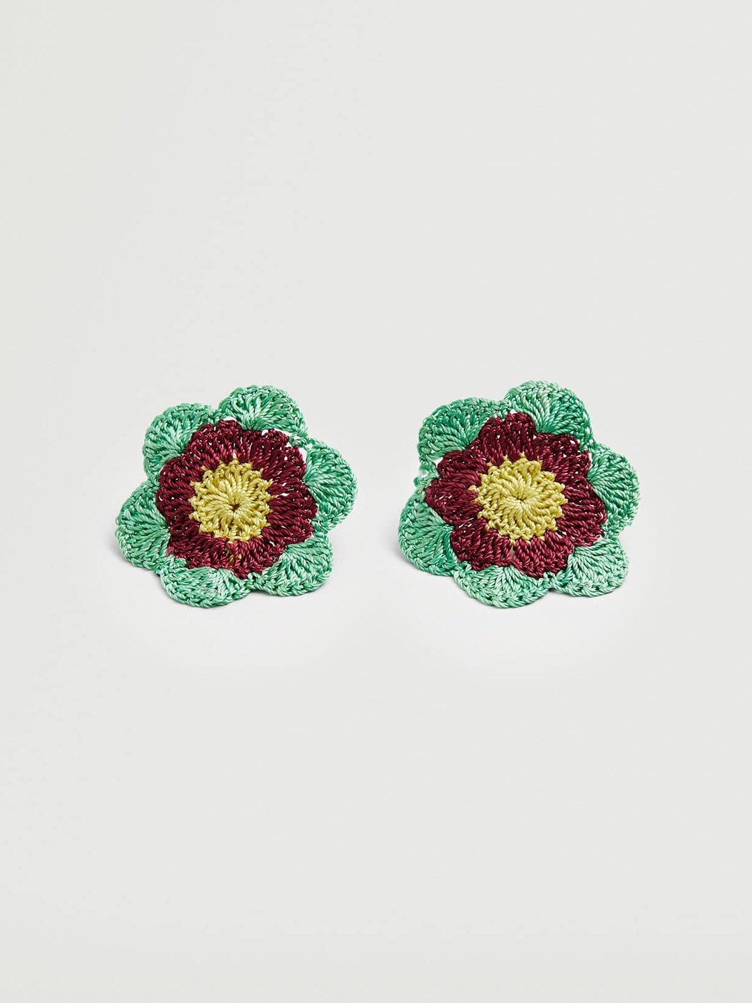 

MANGO Green & Maroon Oversized Floral Studs
