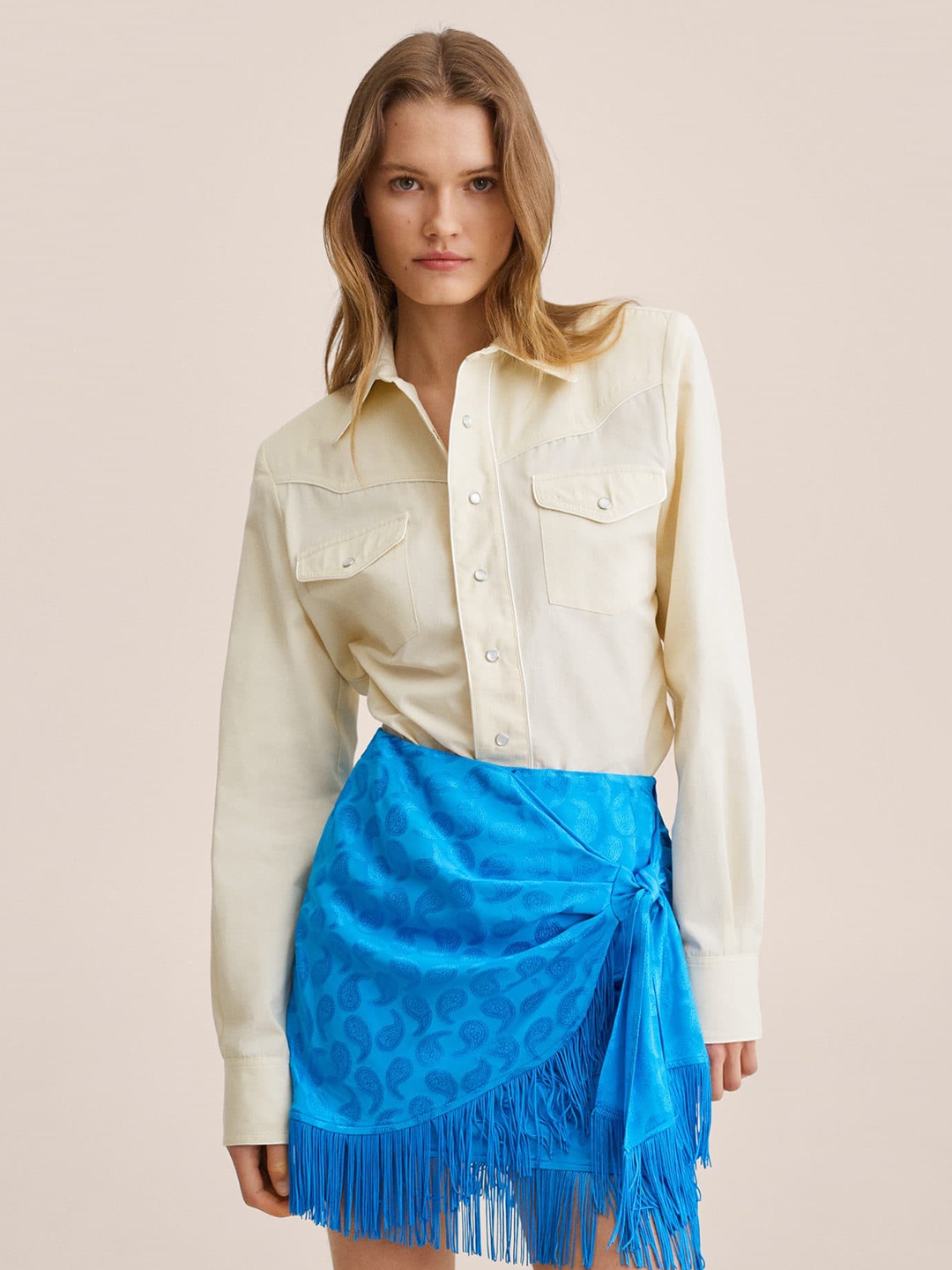 

MANGO Women Off White Pure Cotton Solid Casual Shirt