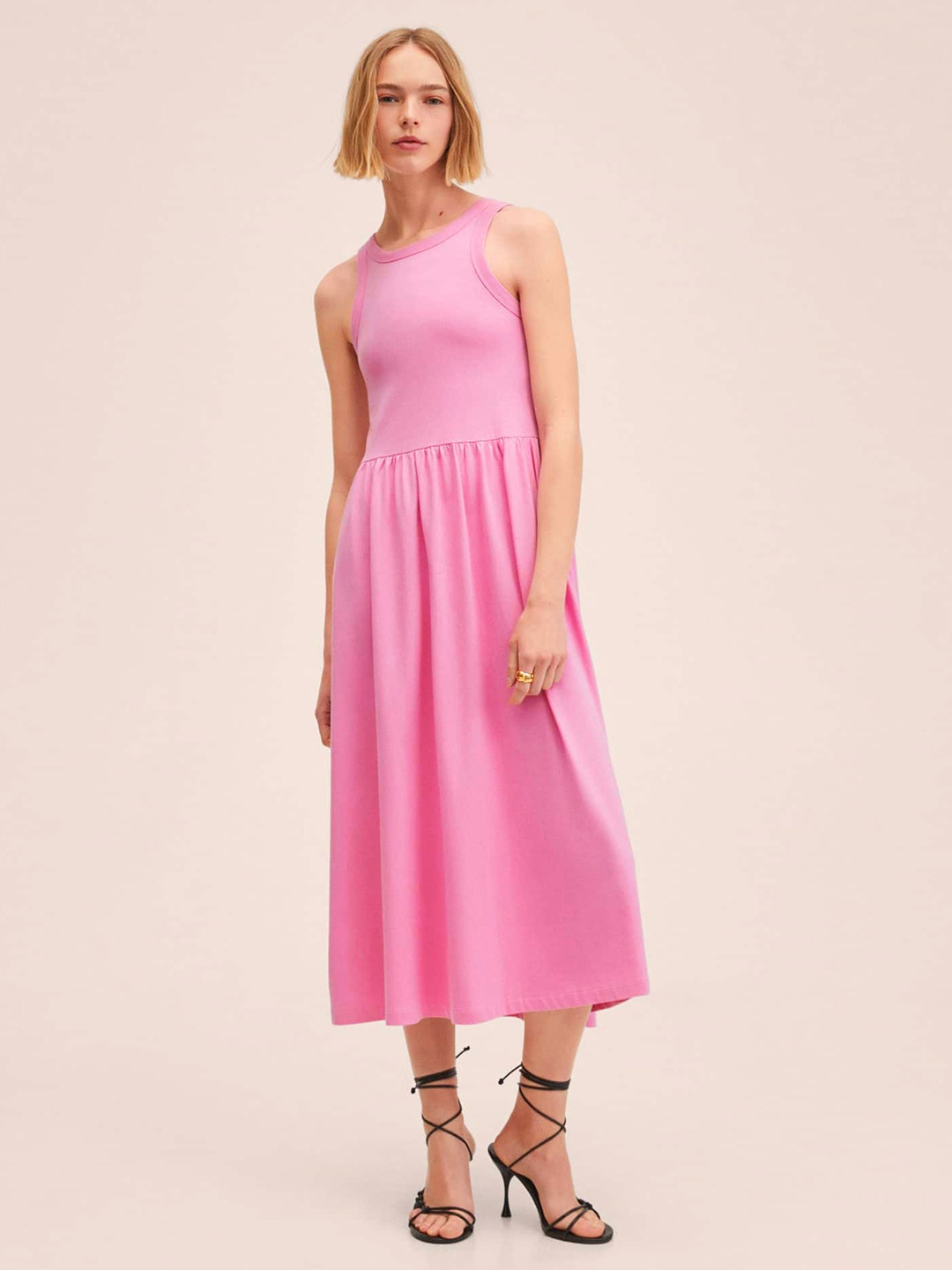 

MANGO Pink Pure Cotton Solid A-Line Midi Dress with Gathered Waist