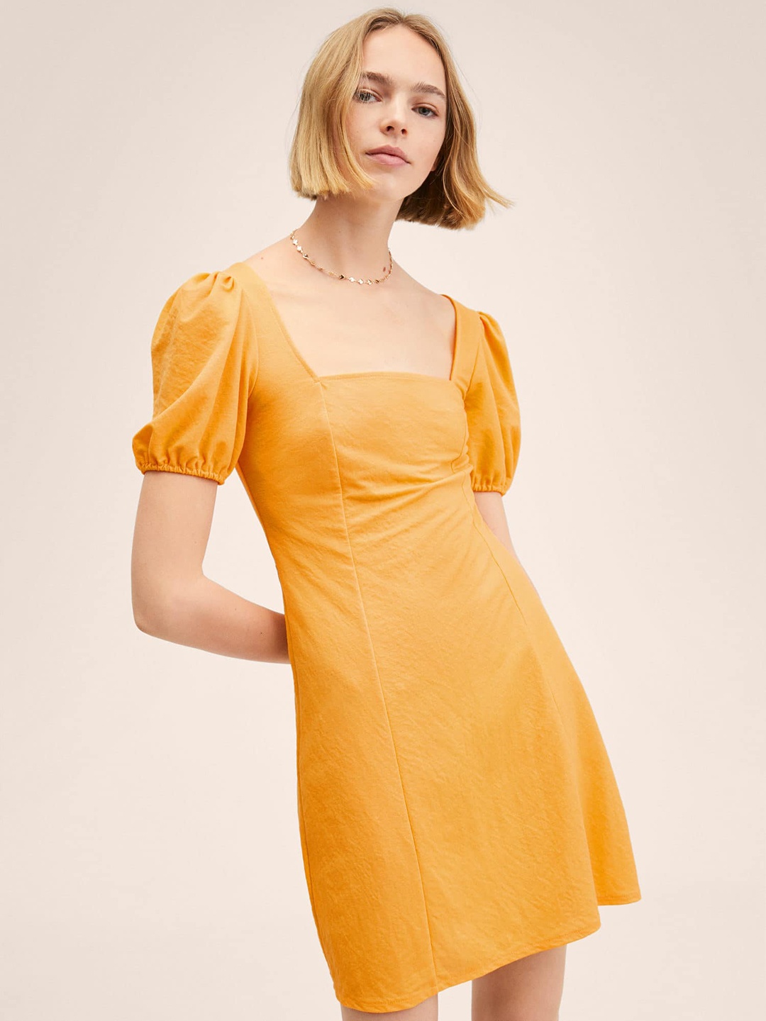 

MANGO Yellow Solid A-Line Mini Dress