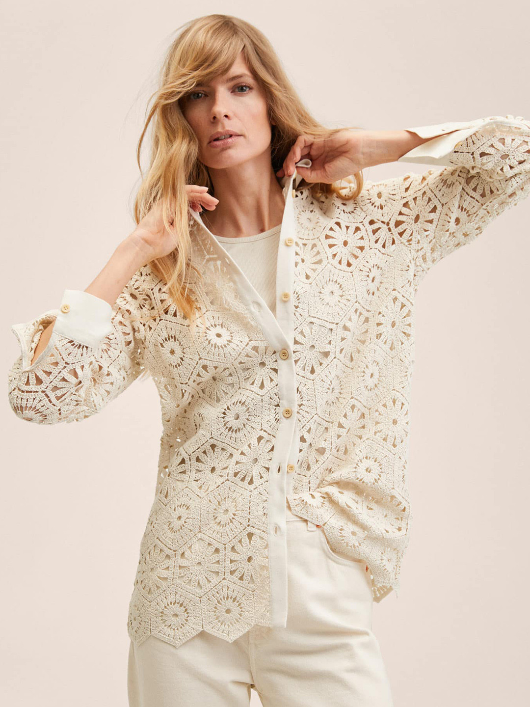 

MANGO Women Beige Floral Casual Crochet Shirt