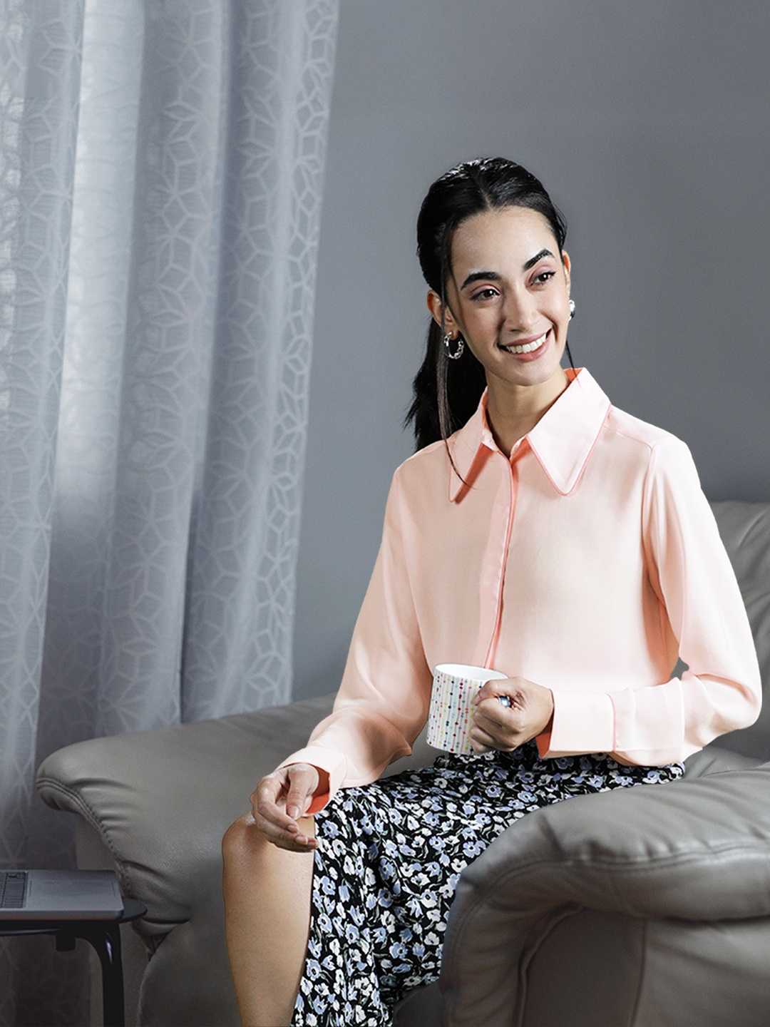 

MANGO Women Peach-Coloured Solid Casual Shirt
