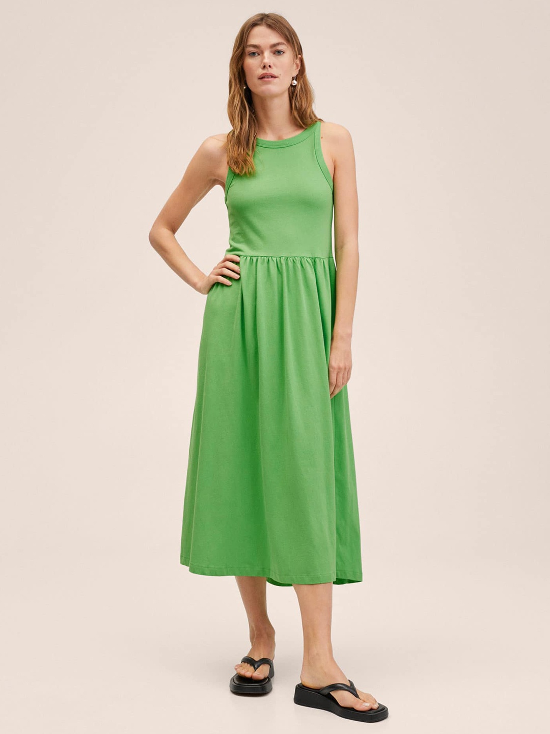 

MANGO Green Pure Cotton Solid A-Line Midi Dress with Gathered Waist