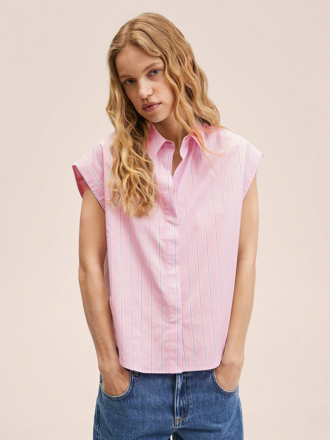 

MANGO Women Pink Pure Cotton Striped Casual Shirt