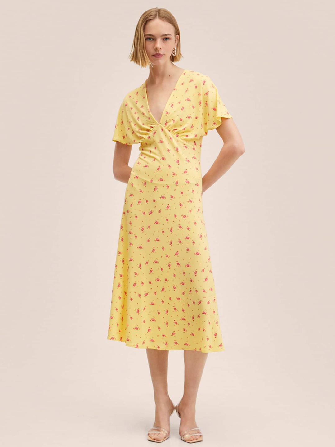 

MANGO Yellow & Pink Floral Print Empire Midi Dress