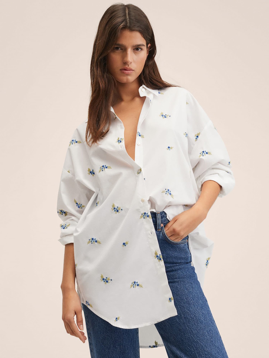 

MANGO Women White & Blue Pure Cotton Floral Embroidered Oversized Casual Shirt