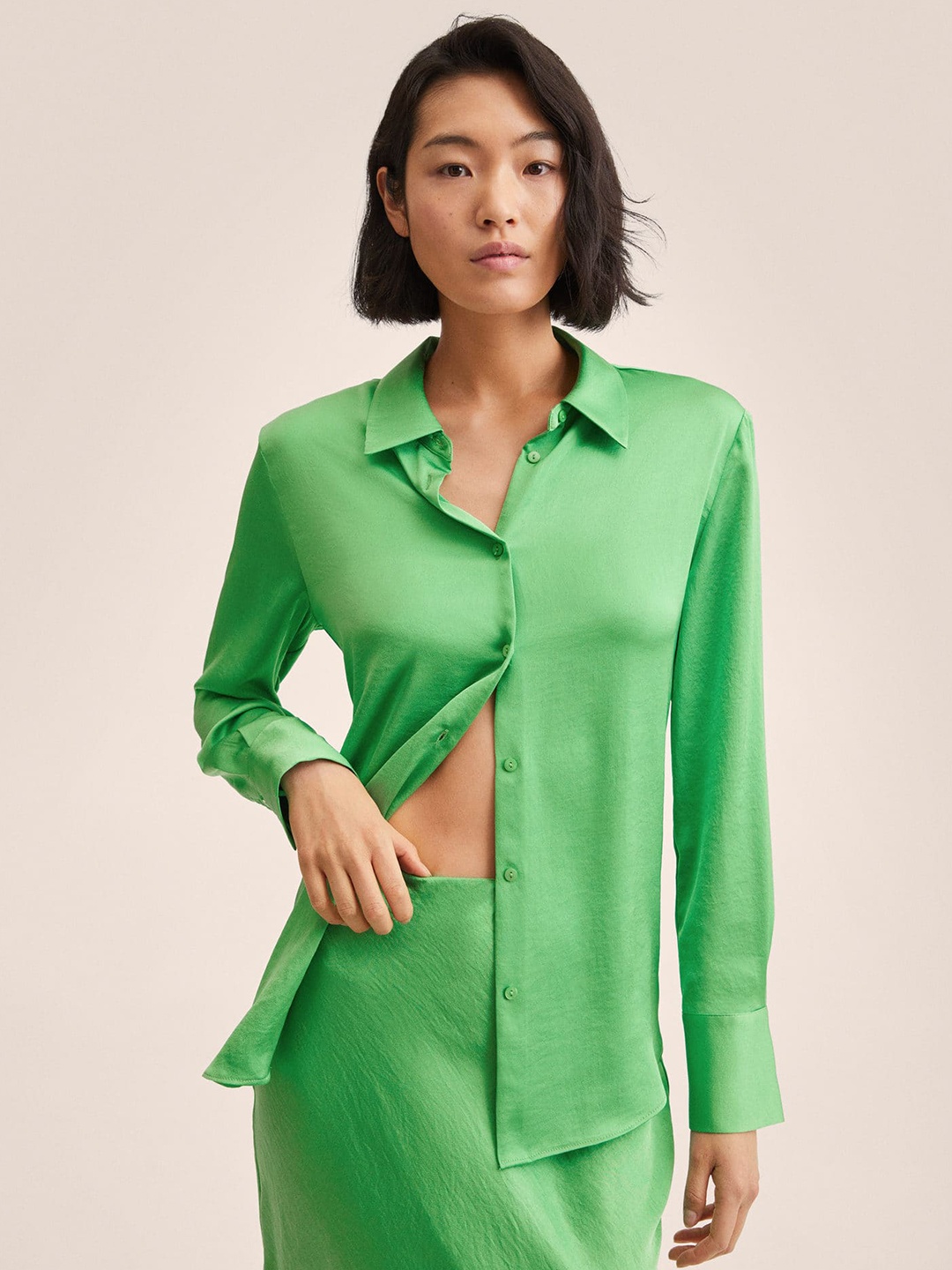 

MANGO Women Green Solid Satin Finish Casual Shirt