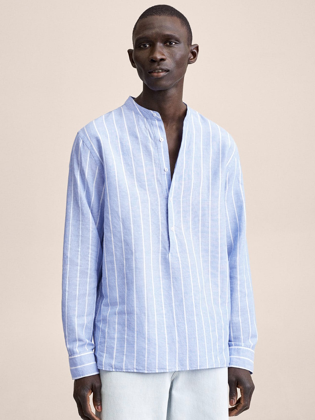 

MANGO MAN White & Blue Striped Casual Shirt