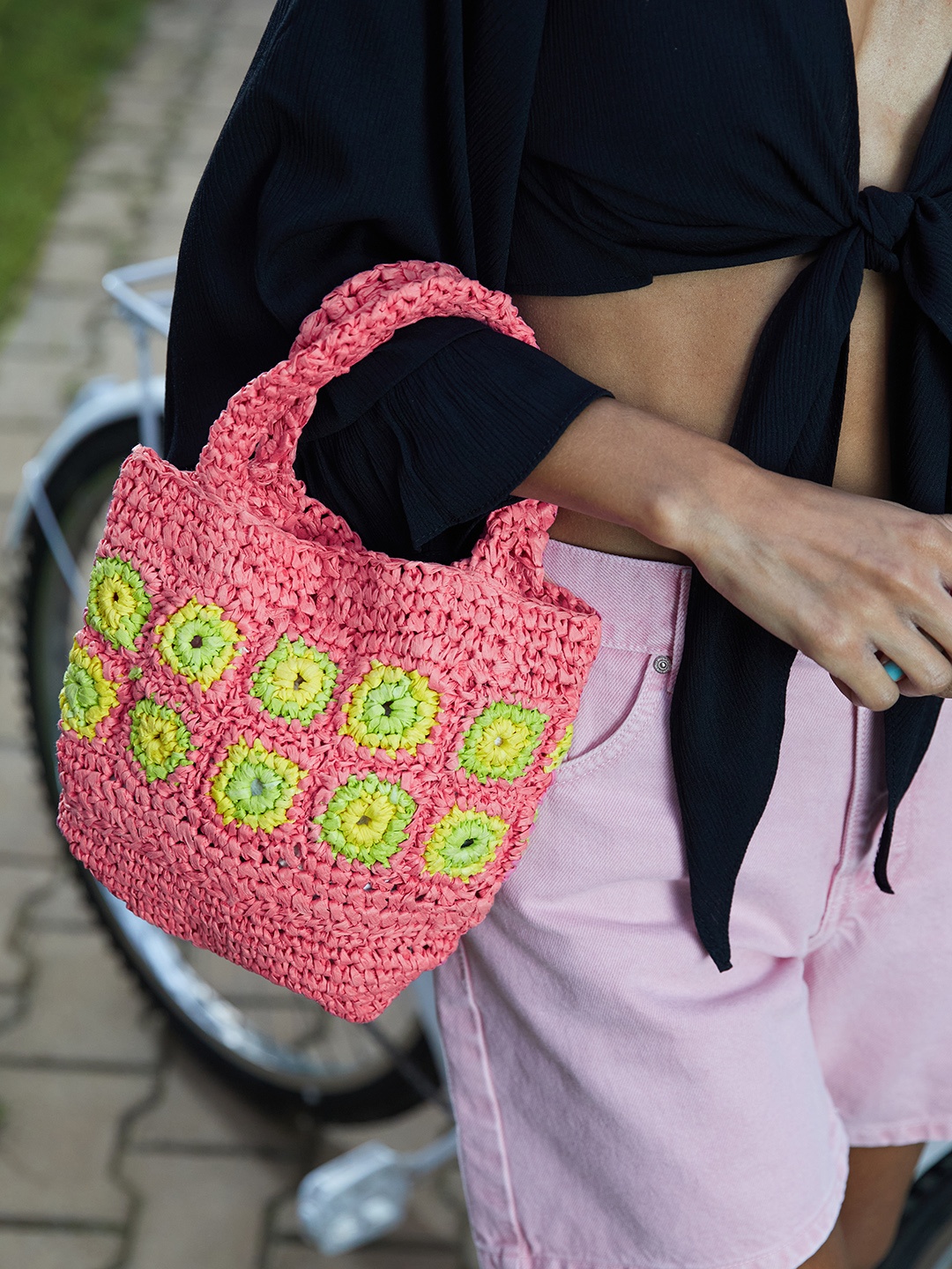 

MANGO Pink & Yellow Floral Woven Design Handheld Bag