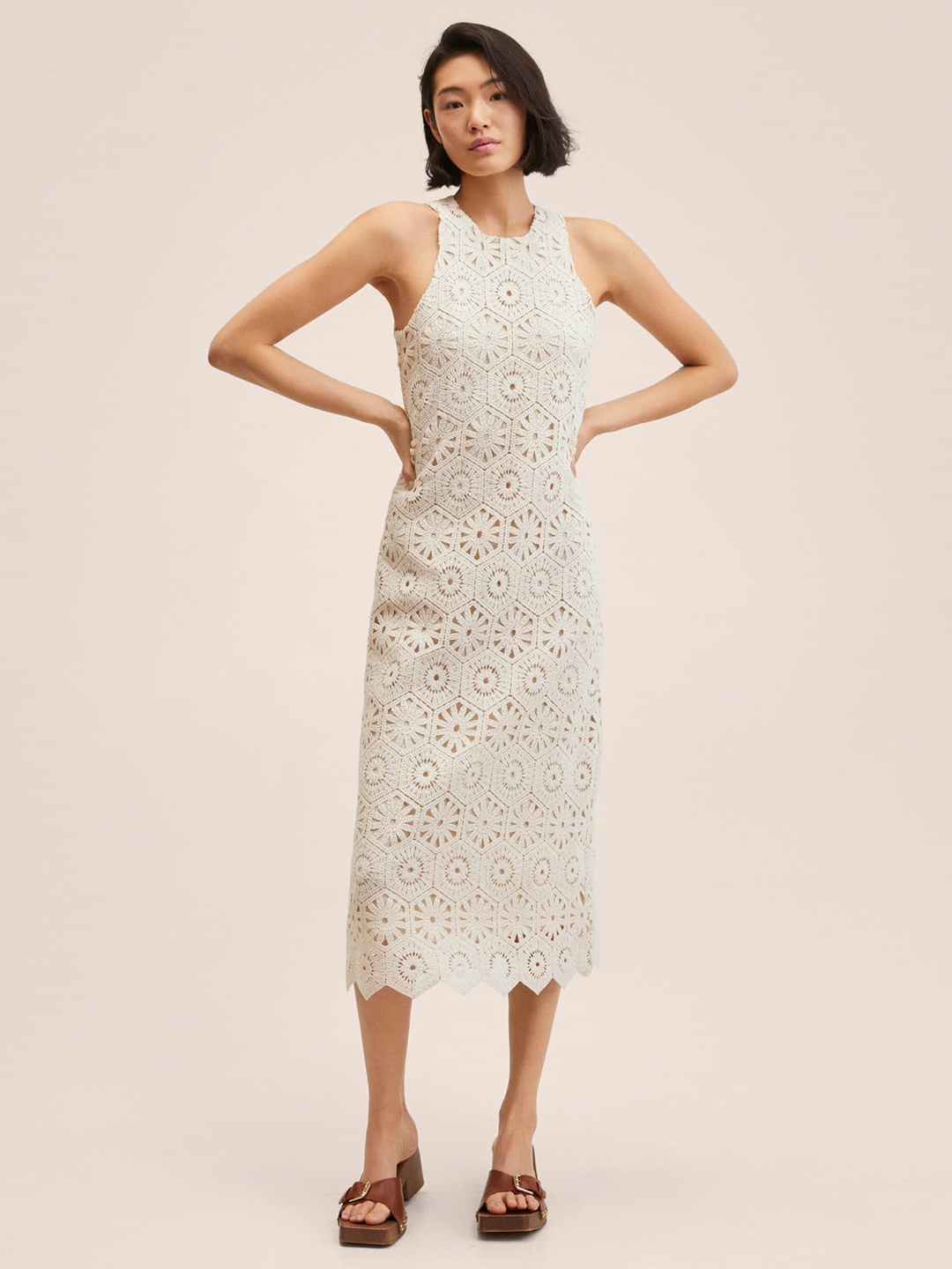 

MANGO Off White Crochet Sheath Midi Dress