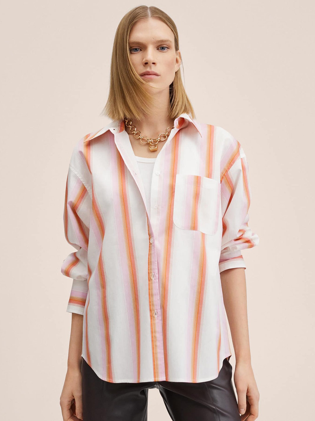 

MANGO Women White & Pink Pure Cotton Striped Casual Shirt