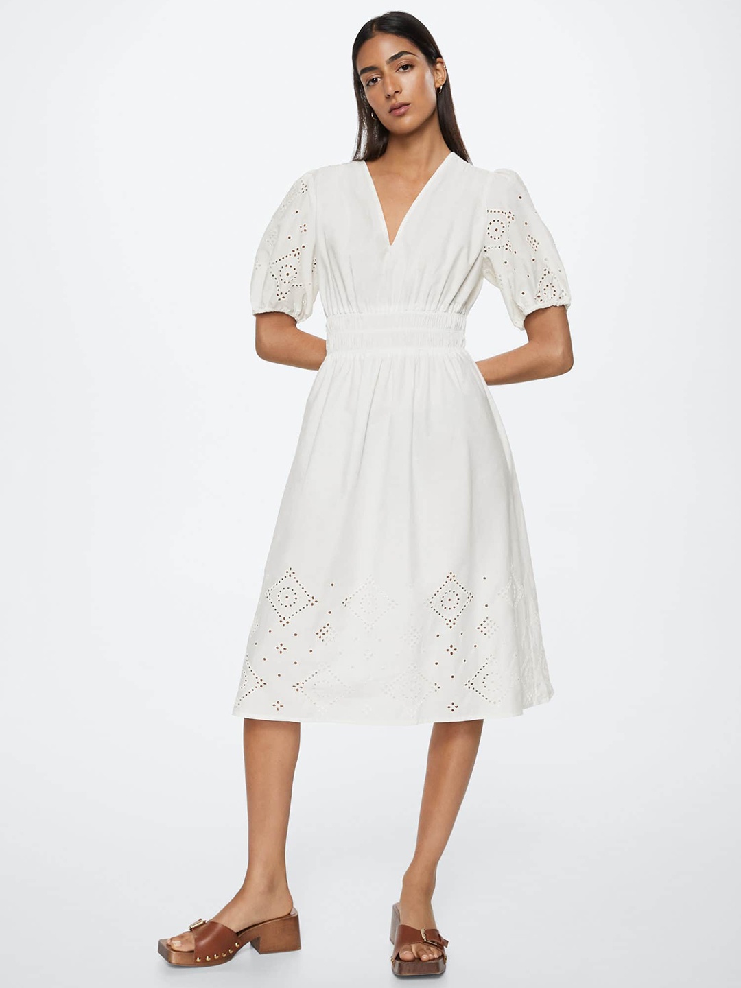 

MANGO White Pure Cotton Schiffli Embroidered A-Line Midi Dress